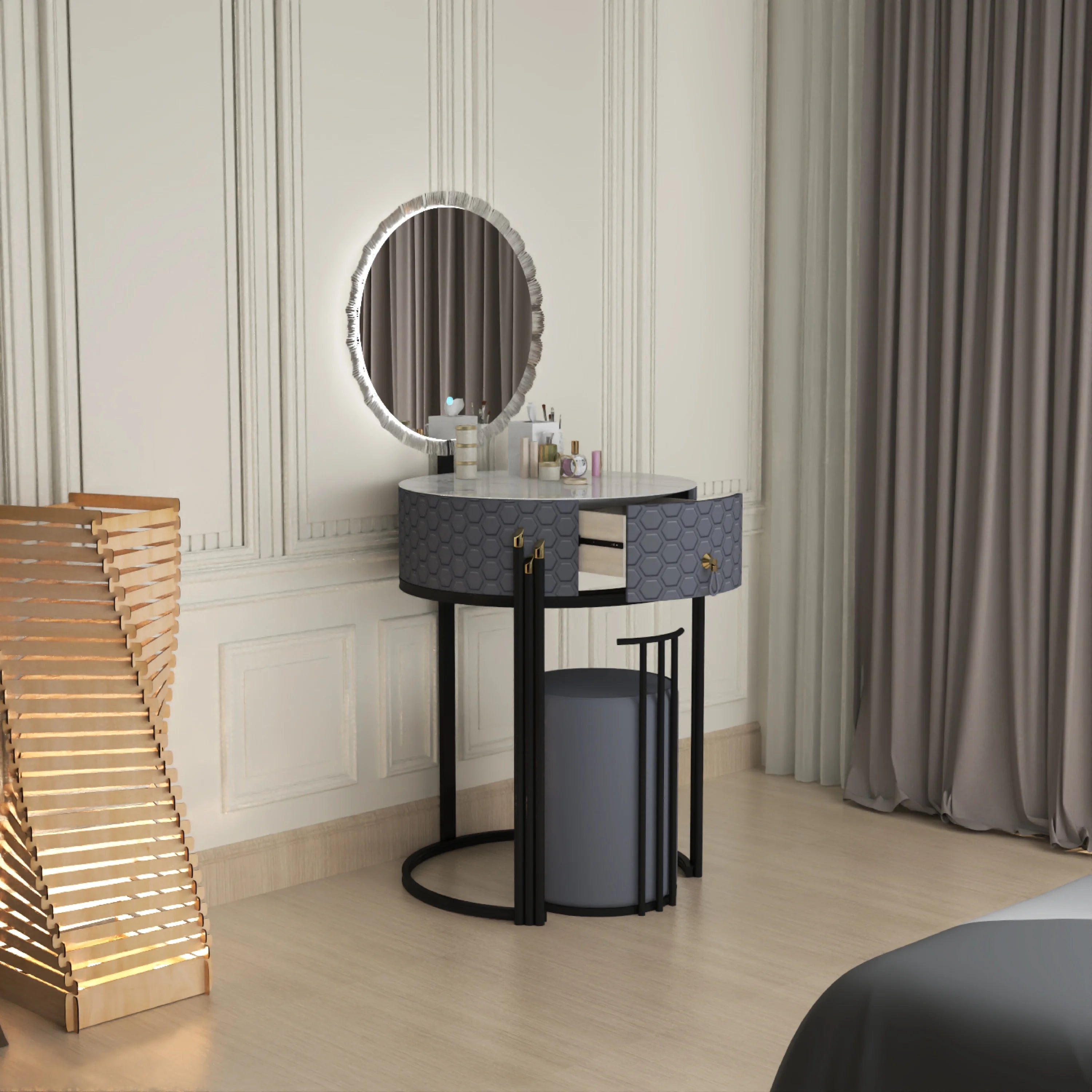 Round LED Mirror Dressing Table With Padded Stool