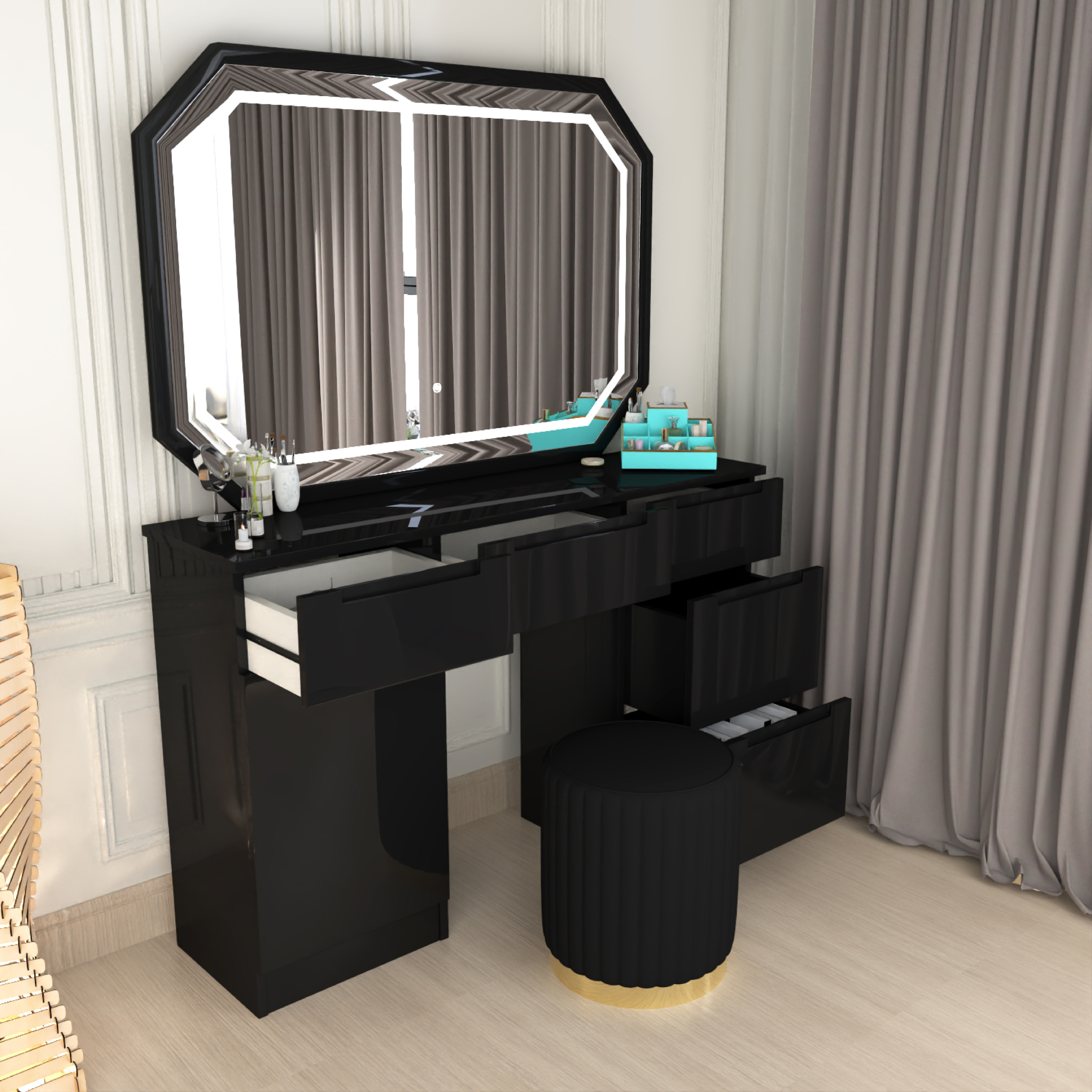 Urban Furnishing Modern White Vanity Desk with LED Mirror & Padded Stool – 7-Drawer Makeup Dressing Table