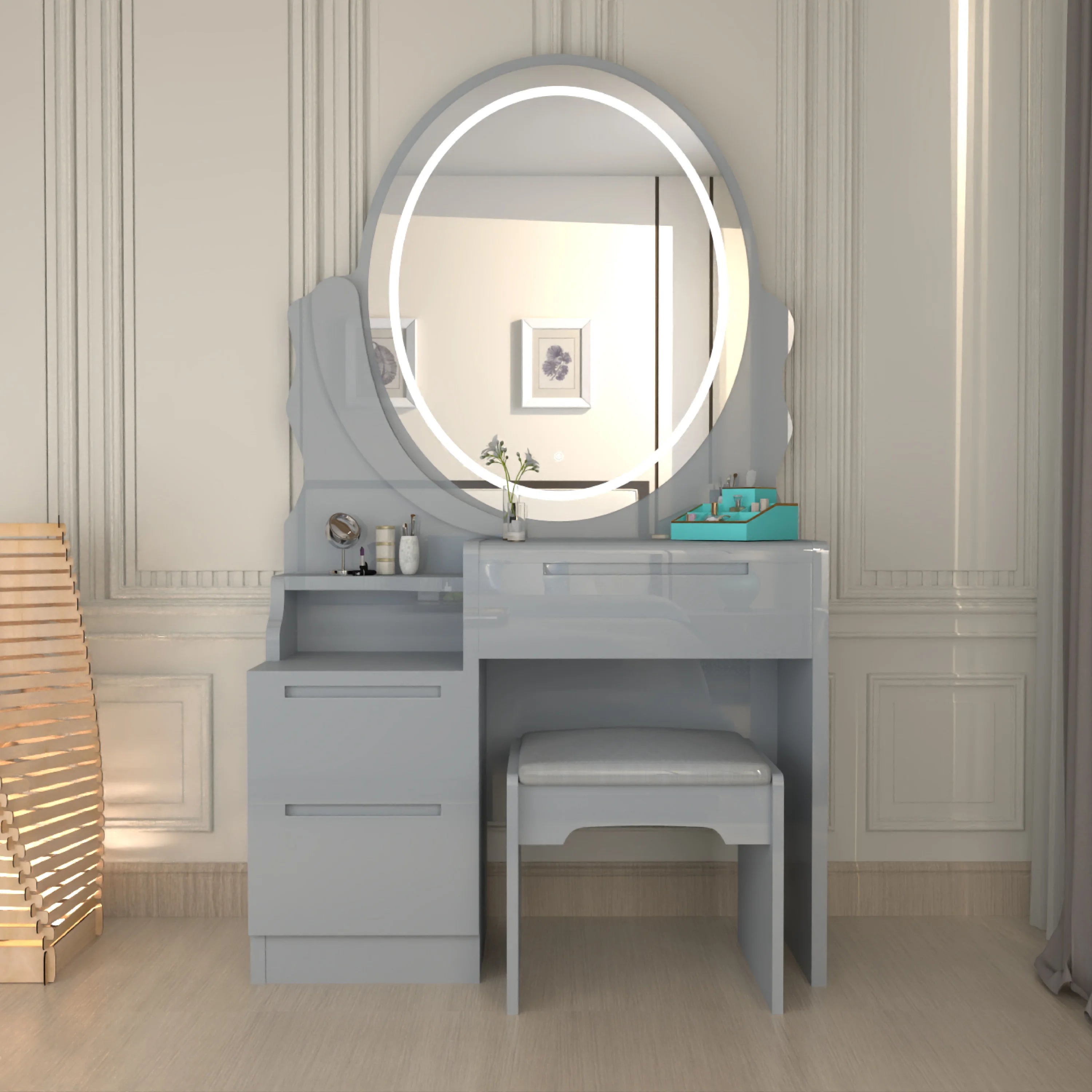 Urban Furnishing Modern White Vanity Table with LED Oval Mirror