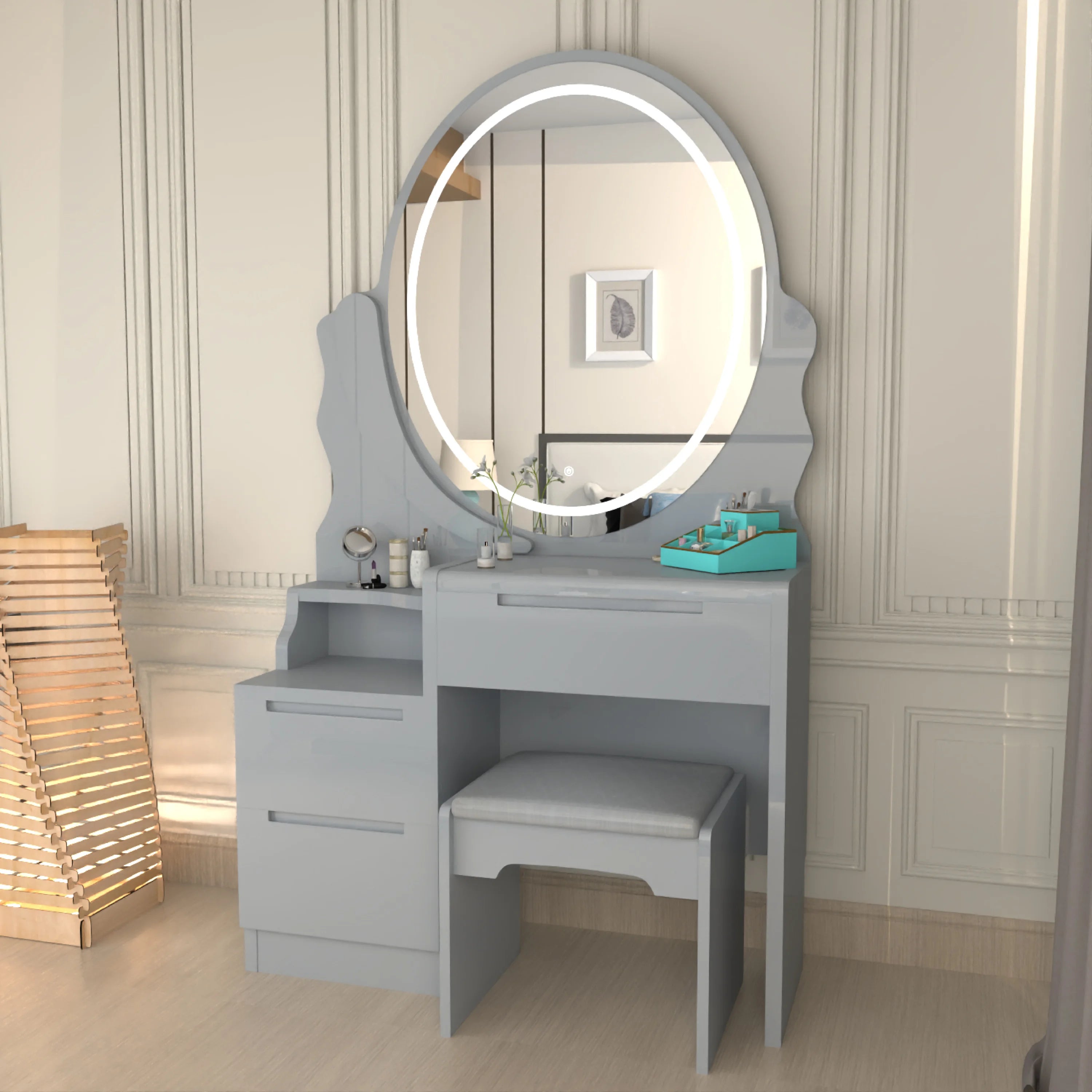 Urban Furnishing Modern White Vanity Table with LED Oval Mirror