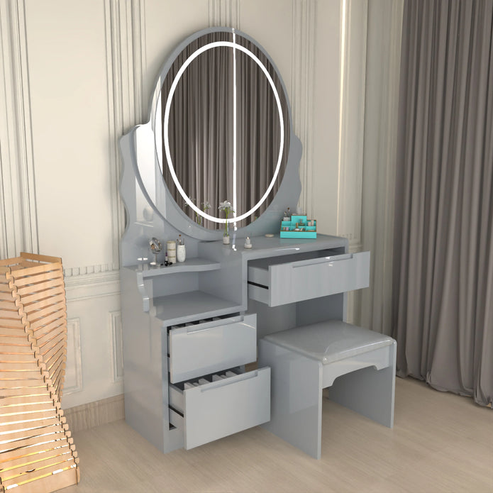 Oval LED Mirror Dressing Table With Padded Stool