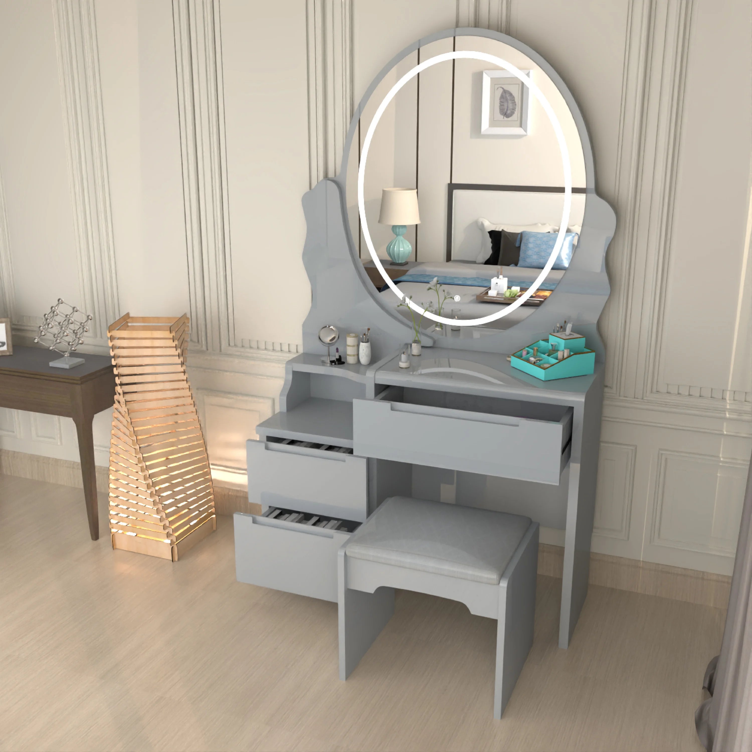 Urban Furnishing Modern White Vanity Table with LED Oval Mirror