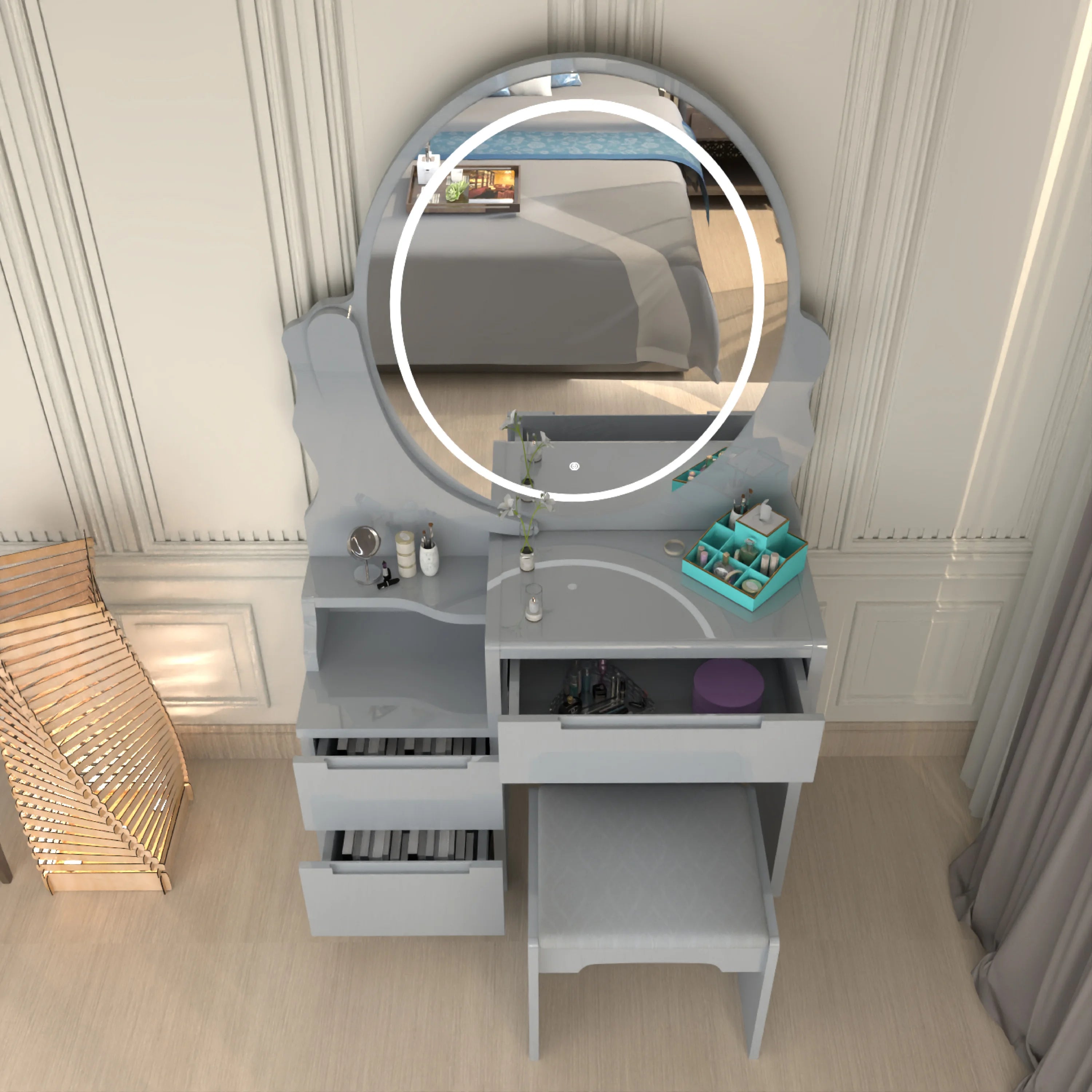 Urban Furnishing Modern White Vanity Table with LED Oval Mirror