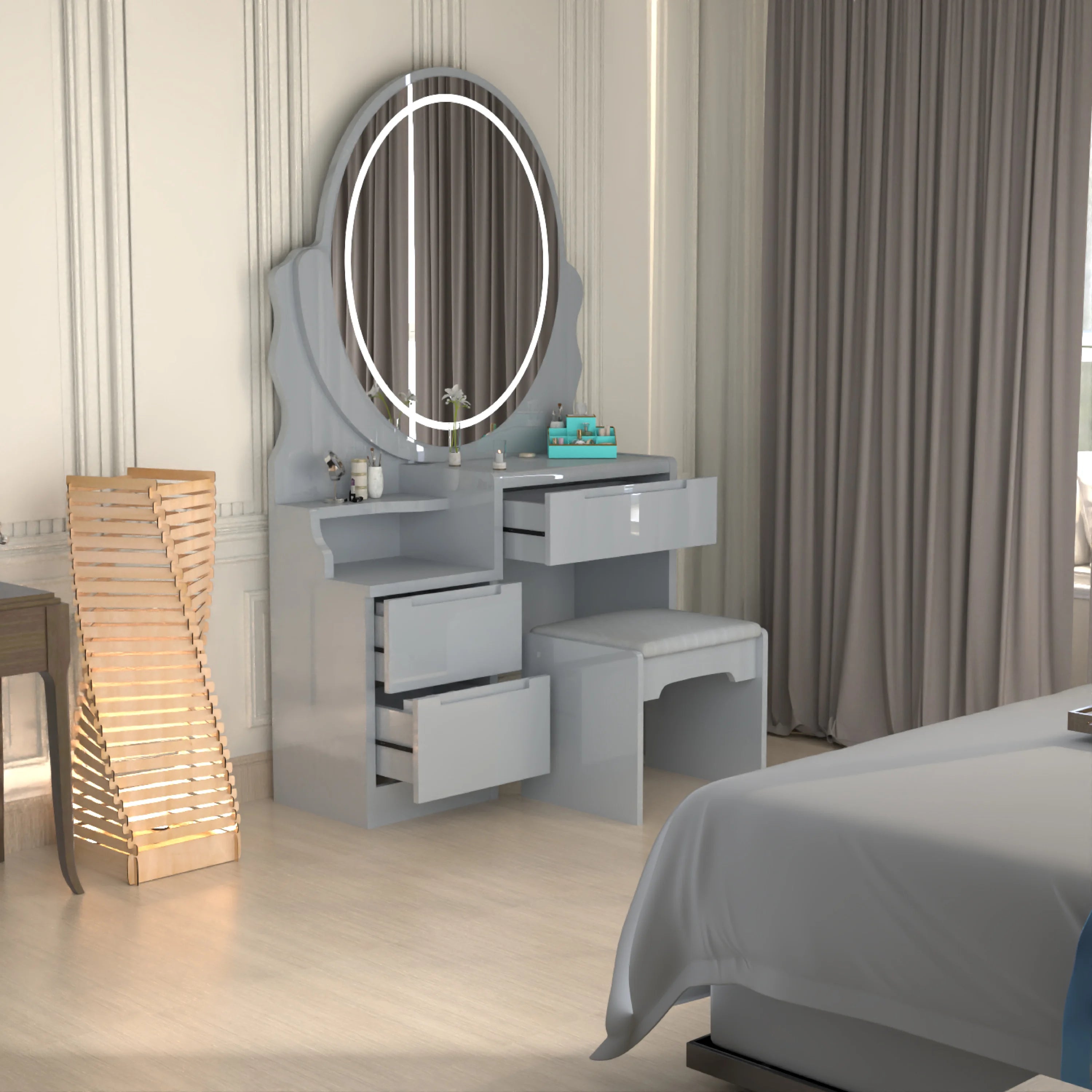 Urban Furnishing Modern White Vanity Table with LED Oval Mirror
