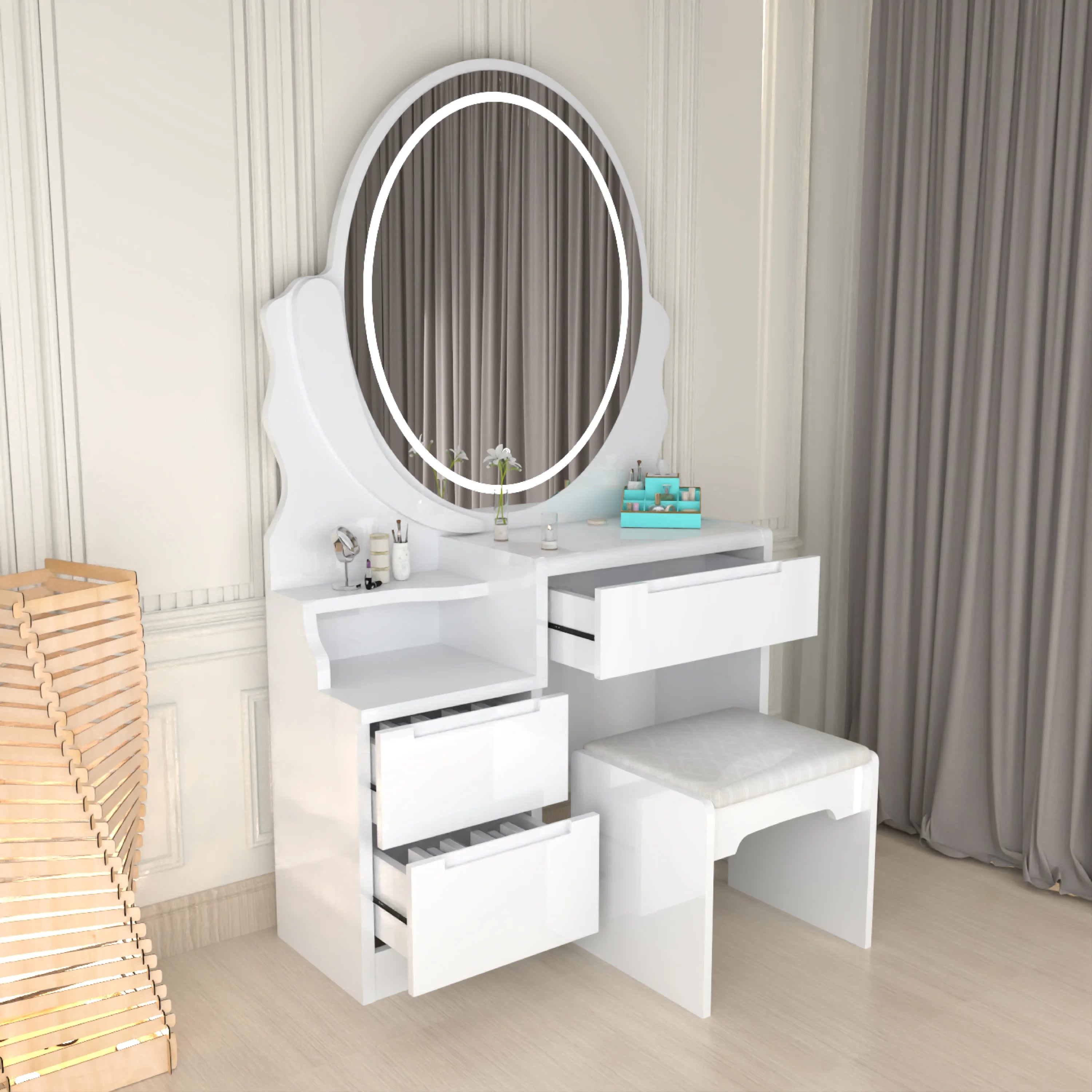 Urban Furnishing Modern White Vanity Table with LED Oval Mirror