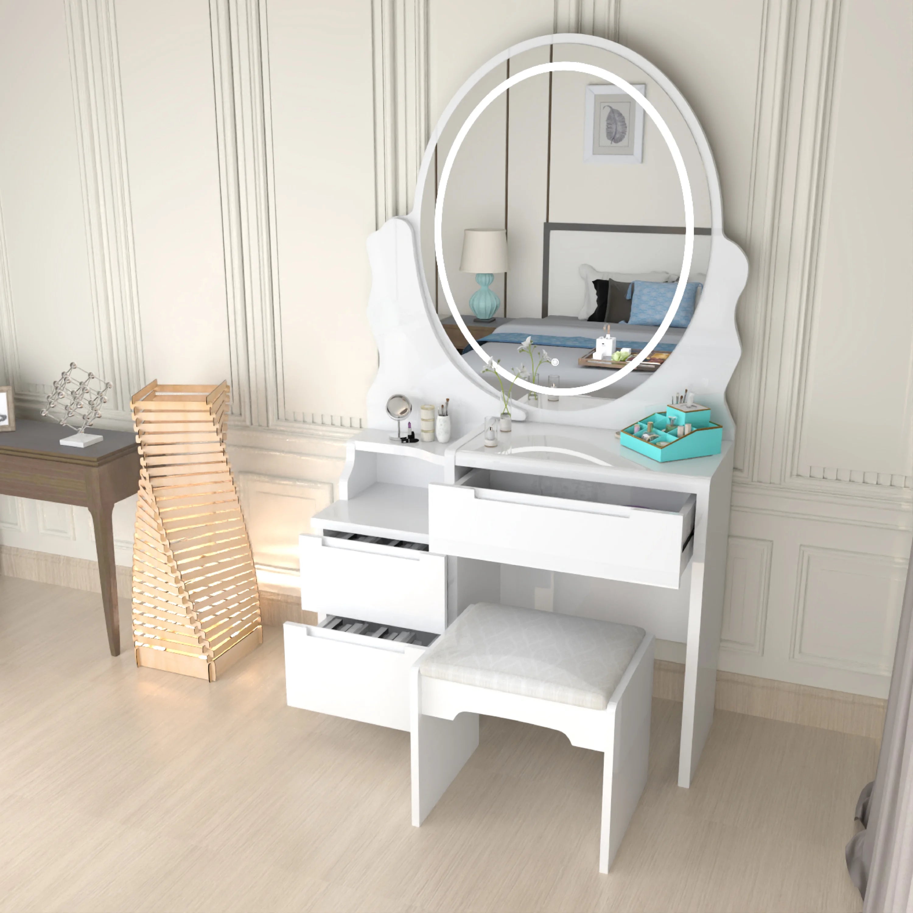 Urban Furnishing Modern White Vanity Table with LED Oval Mirror