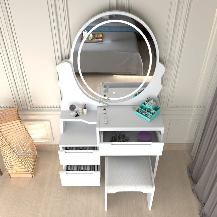 Oval LED Mirror Dressing Table With Padded Stool