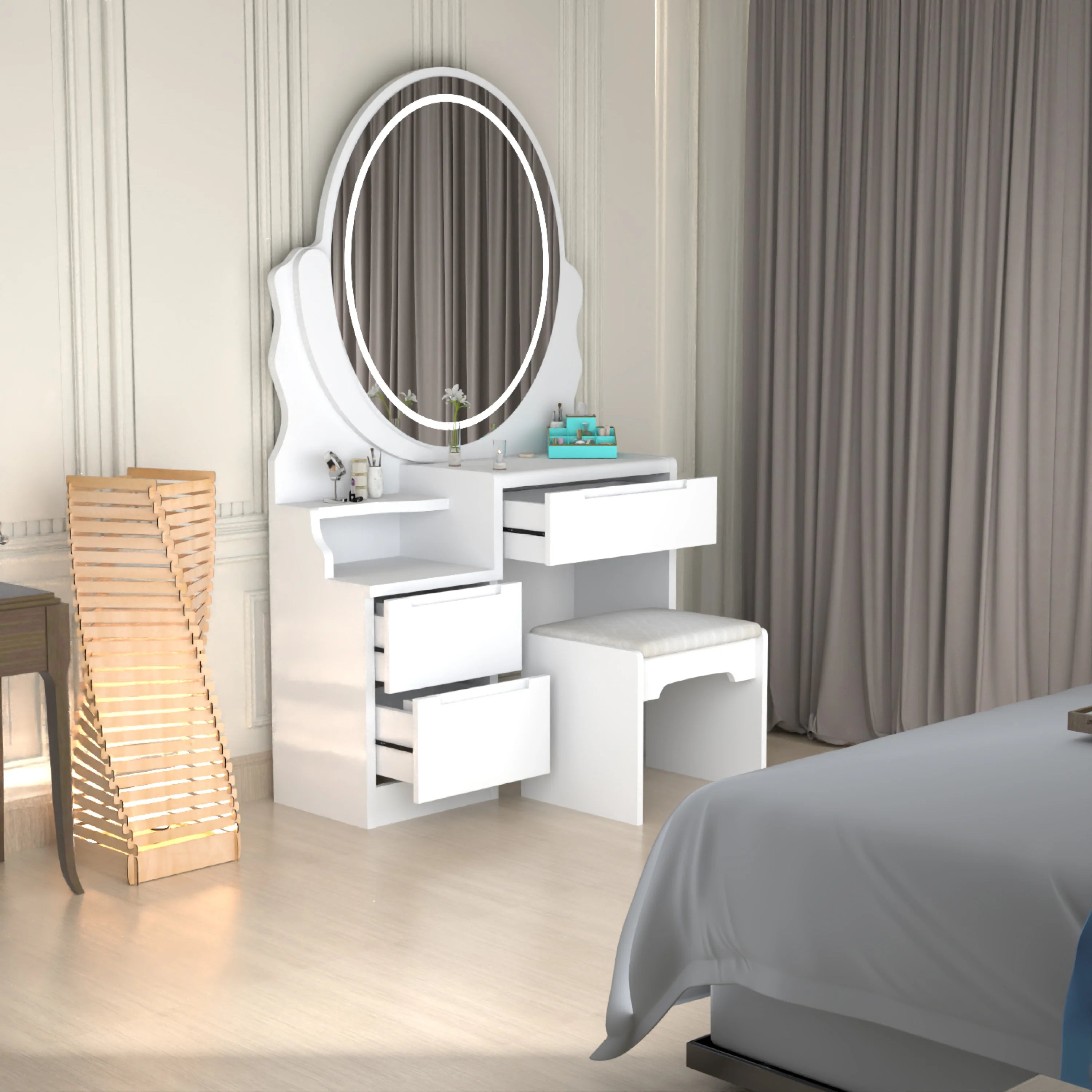 Urban Furnishing Modern White Vanity Table with LED Oval Mirror