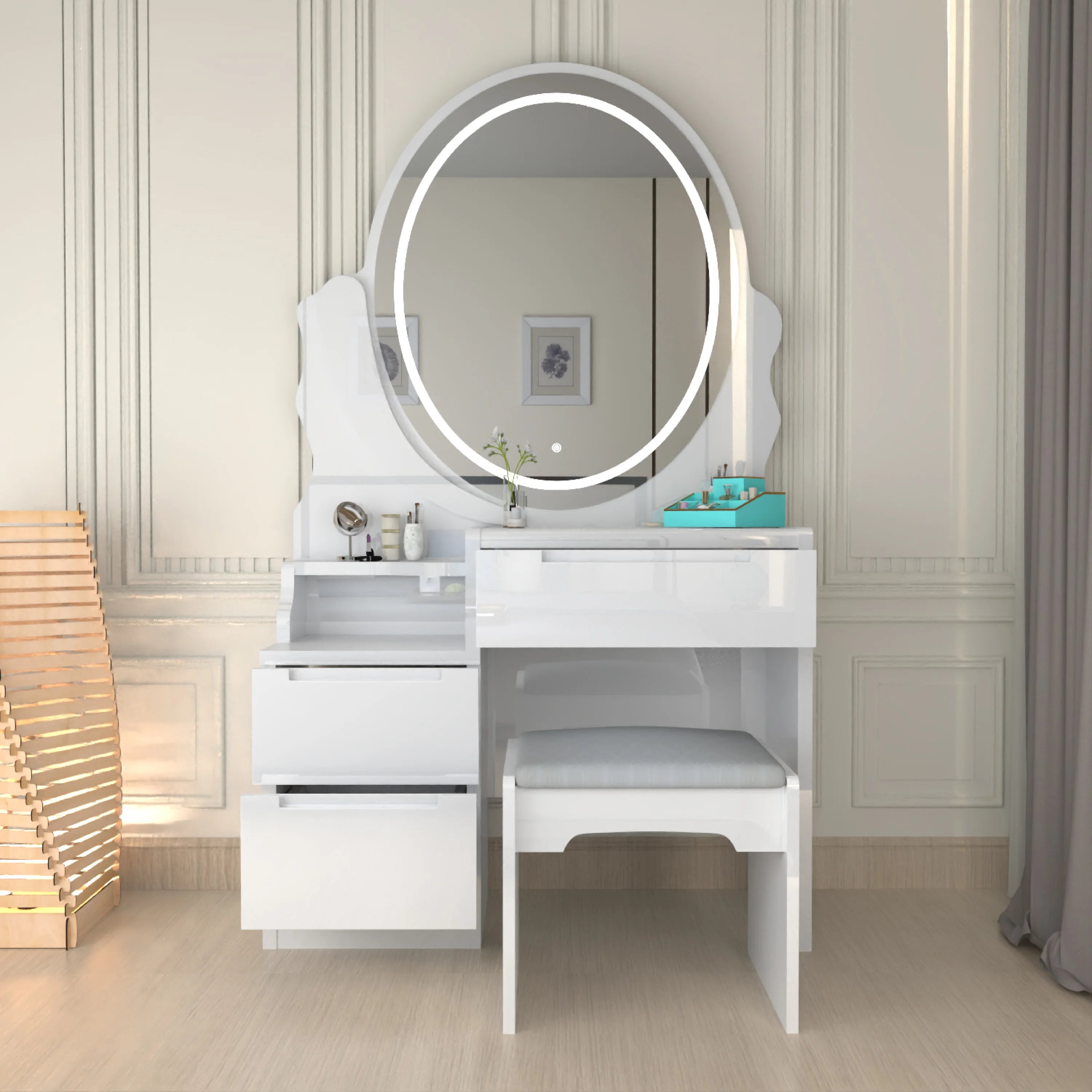 Urban Furnishing Modern White Vanity Table with LED Oval Mirror