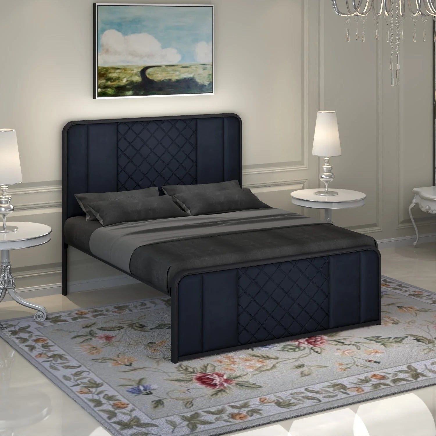 Elegant Channel-Tufted Upholstered Metal Bed.