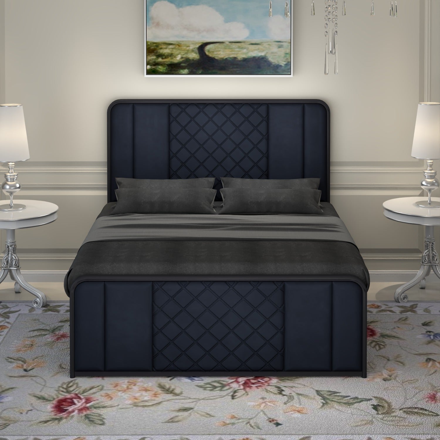 URBAN FURNISHING Modern Metal Bed Frame with Upholstered Headboard & Footboard – with Diamond Stitchin & Welded Base