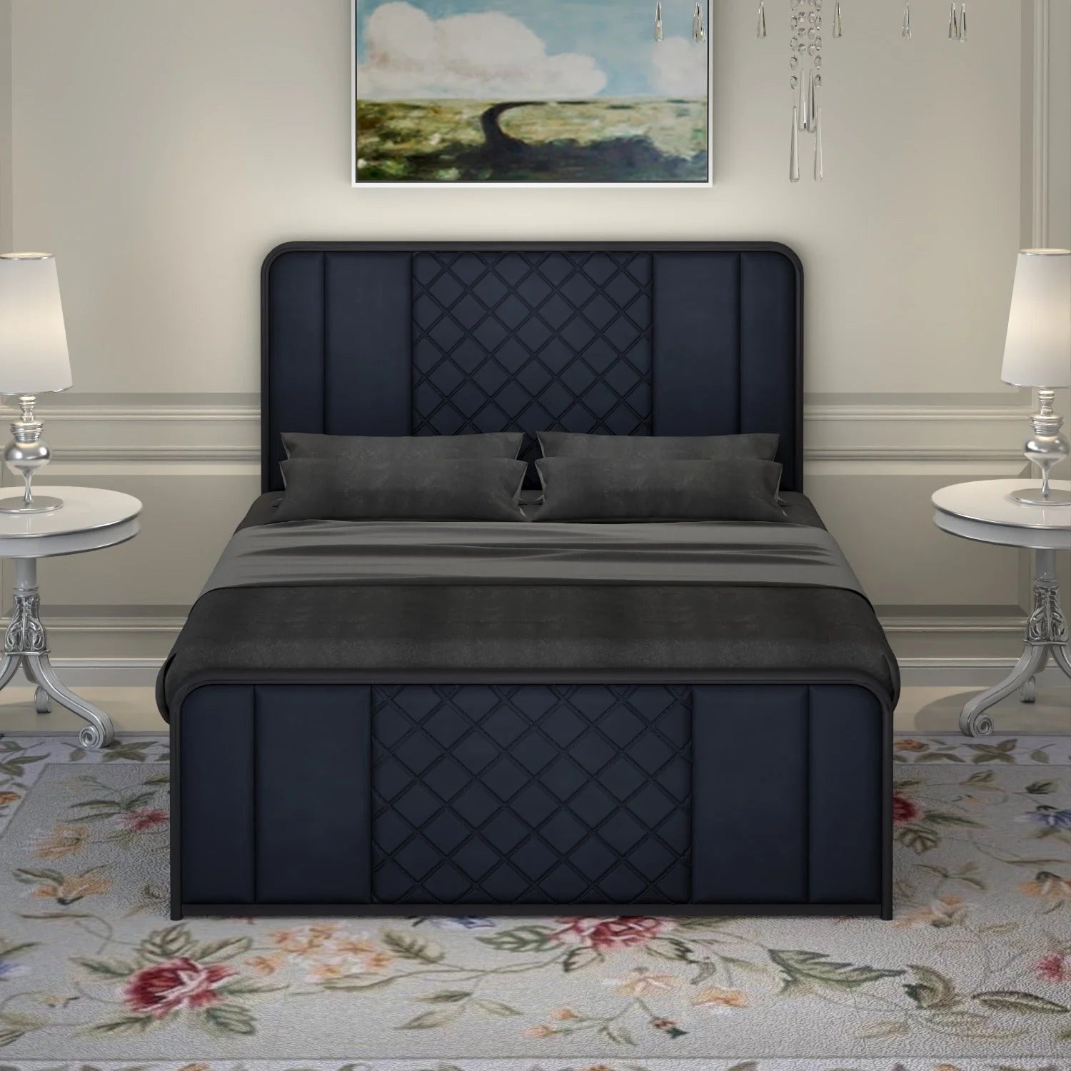 Elegant Channel-Tufted Upholstered Metal Bed.
