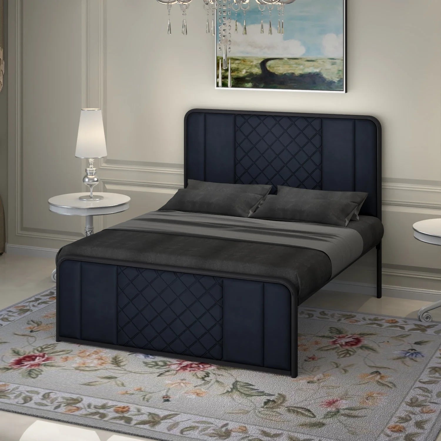 Elegant Channel-Tufted Upholstered Metal Bed.