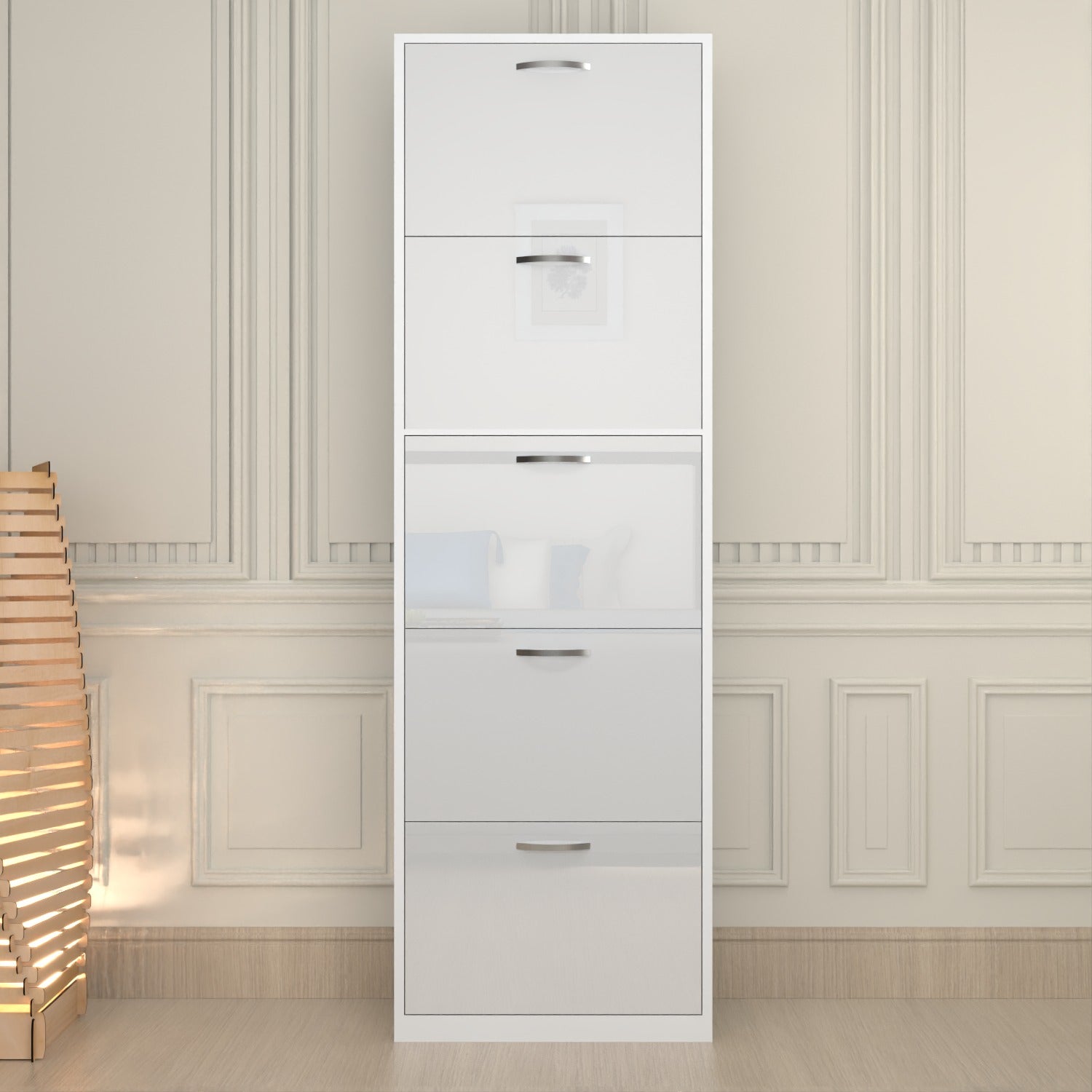 Modern 5 Tier White High Gloss Shoes Cabinet,Footwear Organizer