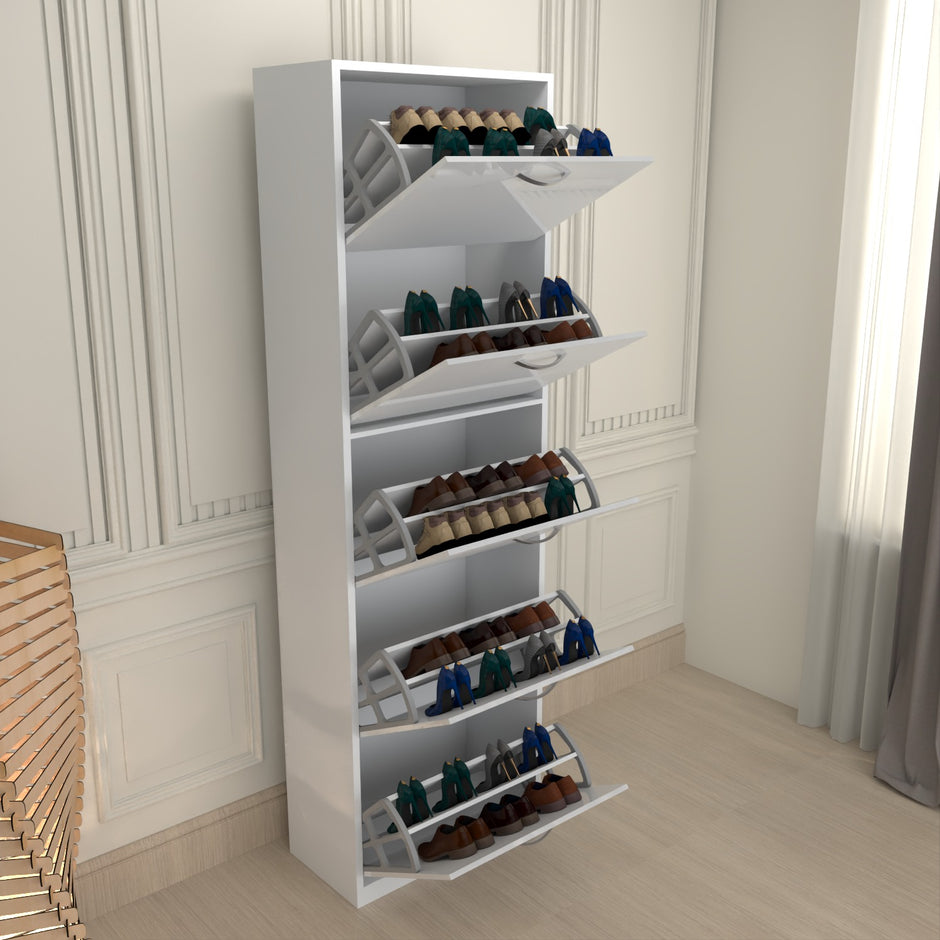Modern 5 Tier White High Gloss Shoes Cabinet,Footwear Organizer