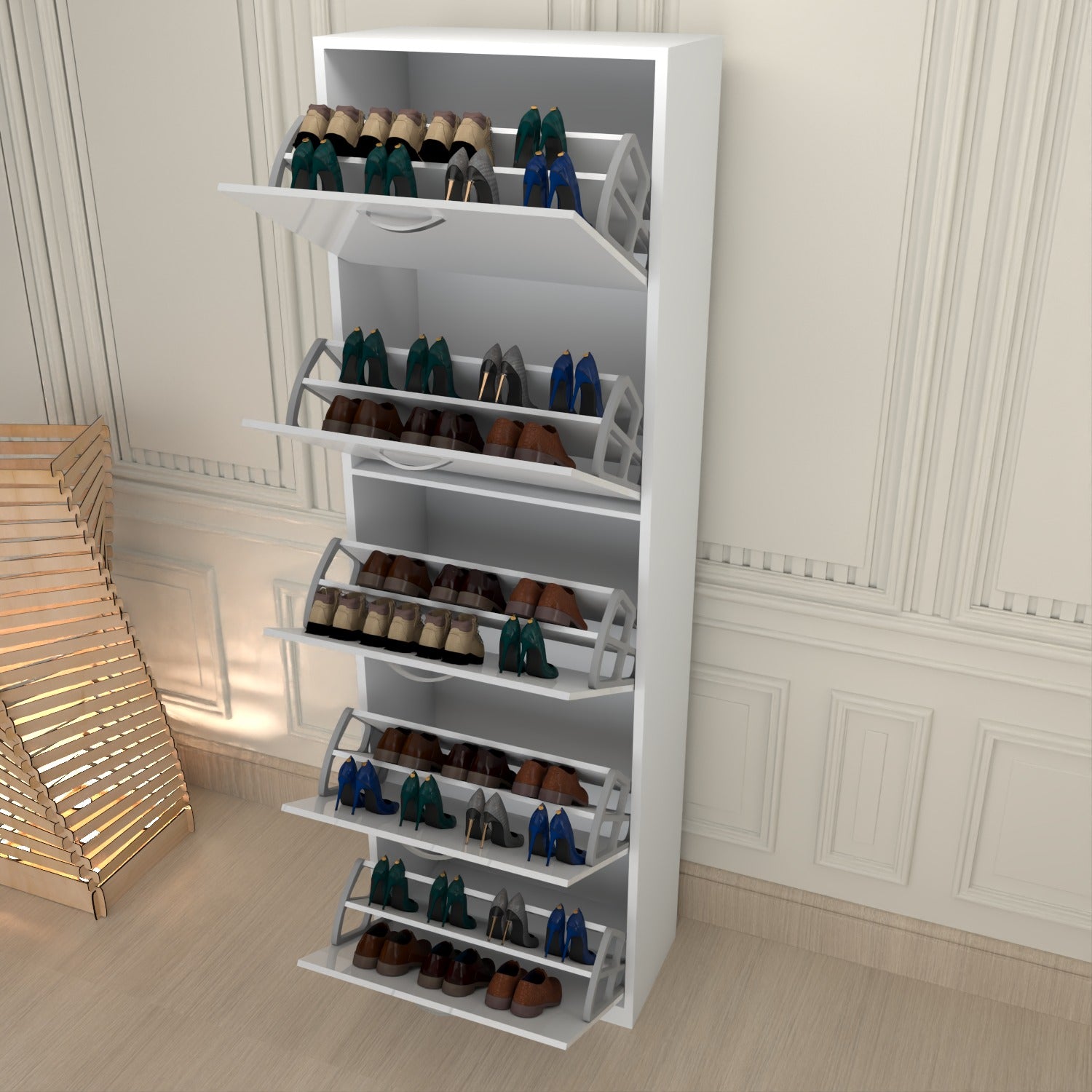Modern 5 Tier White High Gloss Shoes Cabinet,Footwear Organizer