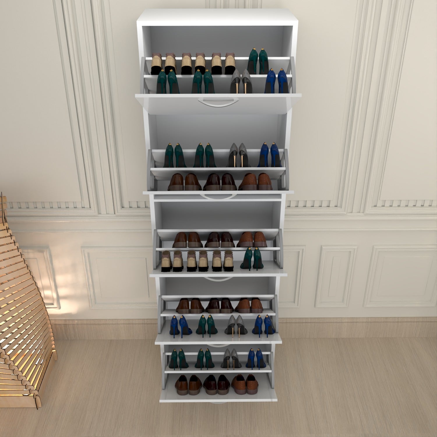 Modern 5 Tier White High Gloss Shoes Cabinet,Footwear Organizer