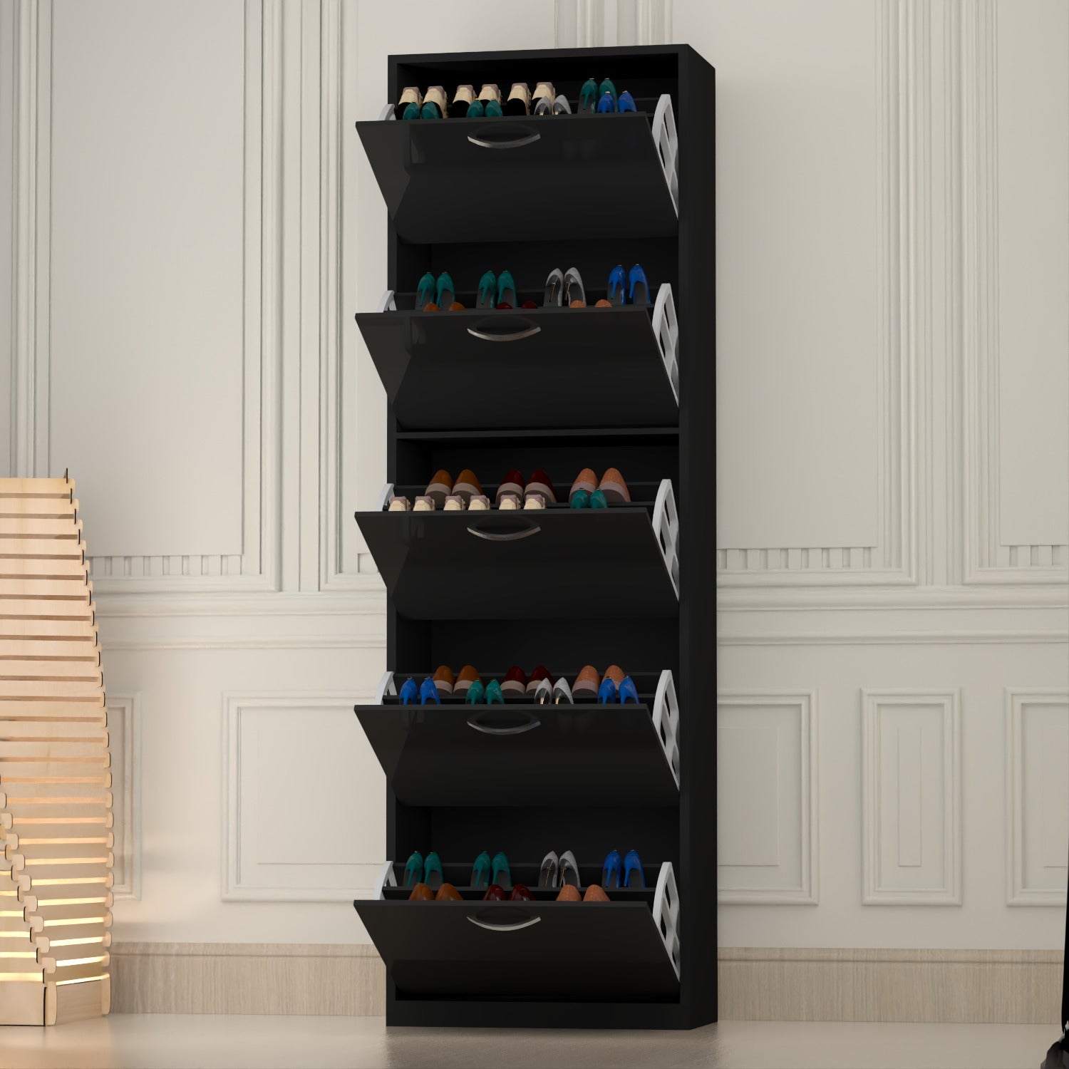 Modern 5 Tier White High Gloss Shoes Cabinet,Footwear Organizer