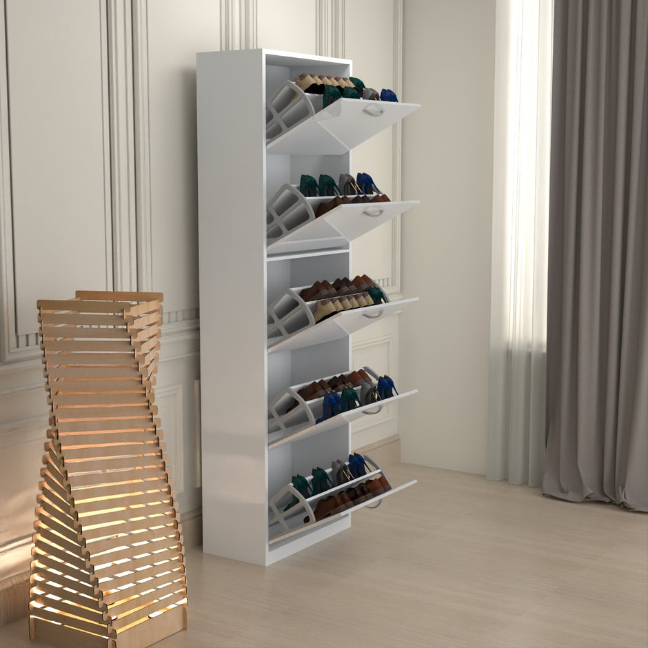 Modern 5 Tier White High Gloss Shoes Cabinet,Footwear Organizer