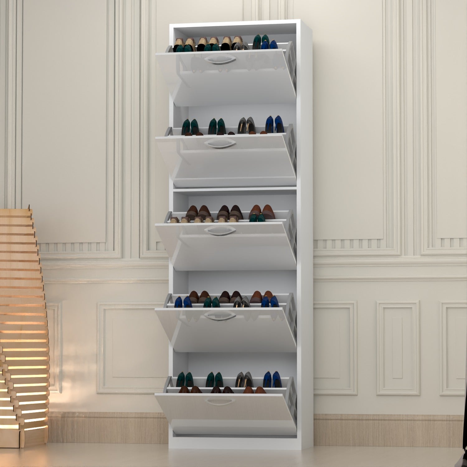 Modern 5 Tier White High Gloss Shoes Cabinet,Footwear Organizer