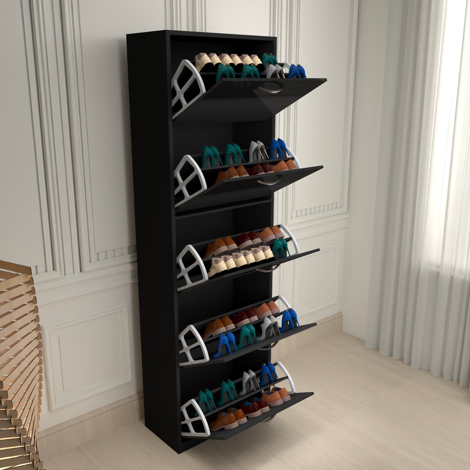 Modern 5 Tier White High Gloss Shoes Cabinet,Footwear Organizer