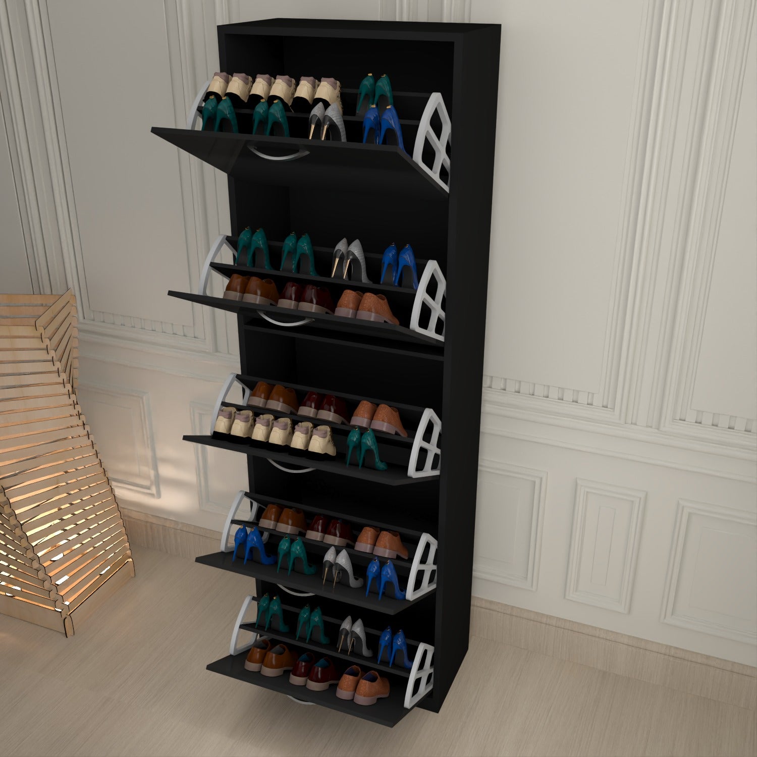 Modern 5 Tier White High Gloss Shoes Cabinet,Footwear Organizer