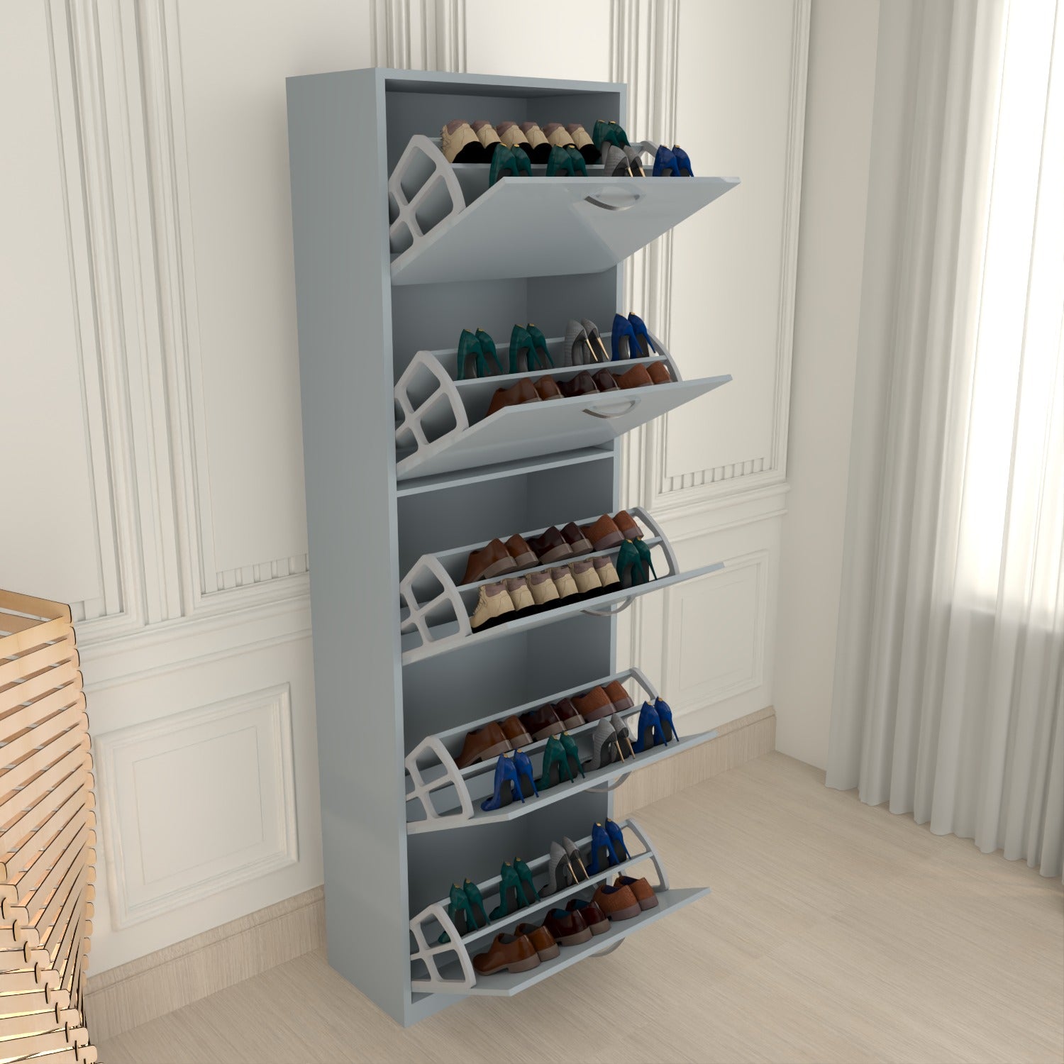Modern 5 Tier White High Gloss Shoes Cabinet,Footwear Organizer