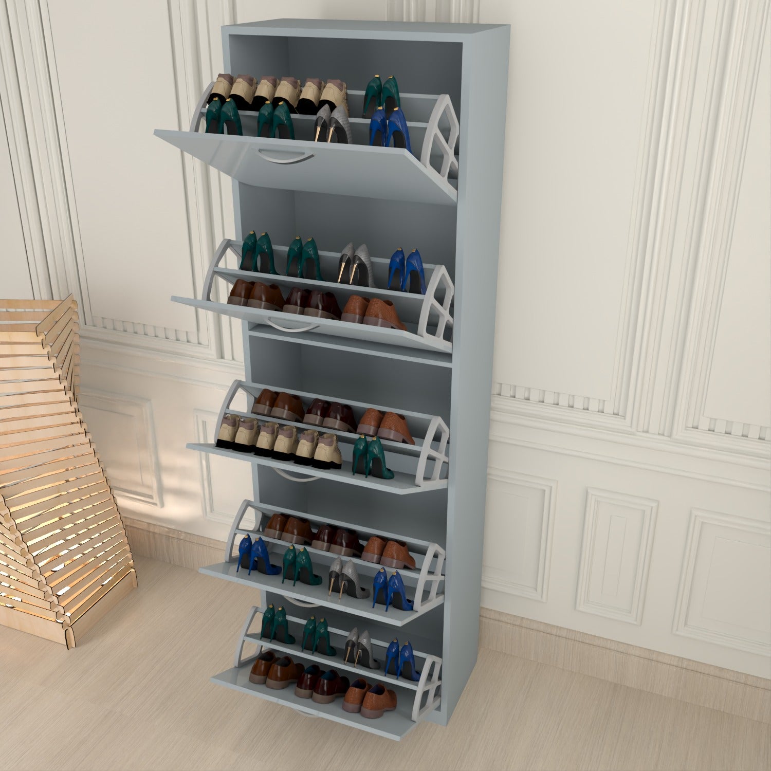 Modern 5 Tier White High Gloss Shoes Cabinet,Footwear Organizer