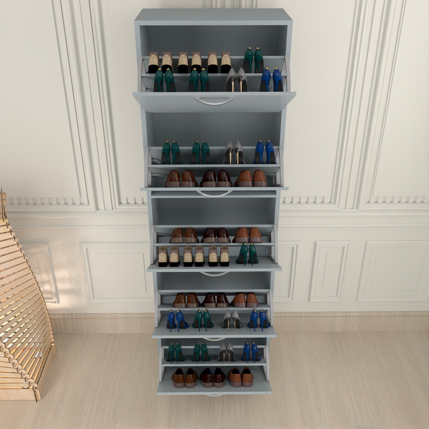 Modern 5 Tier White High Gloss Shoes Cabinet,Footwear Organizer