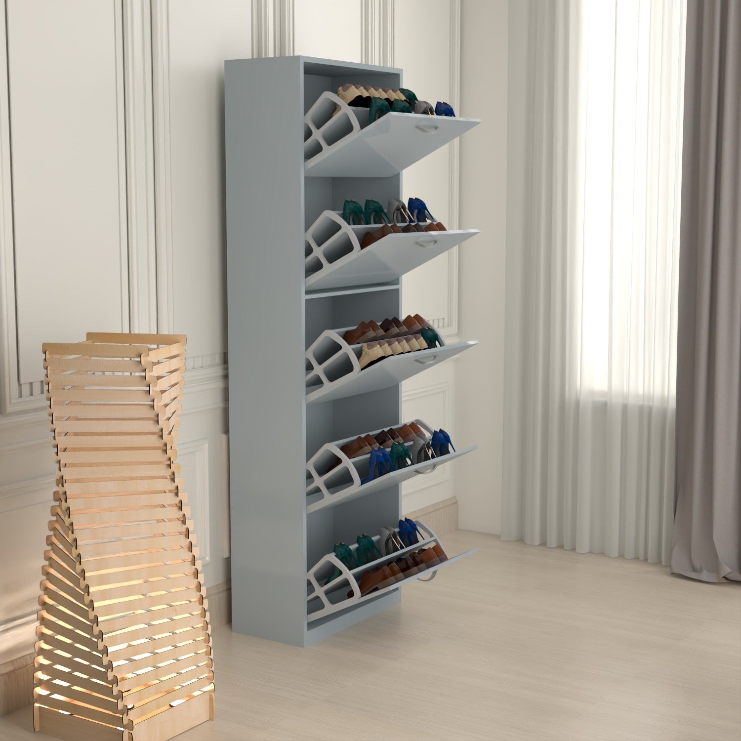 Modern 5 Tier White High Gloss Shoes Cabinet,Footwear Organizer
