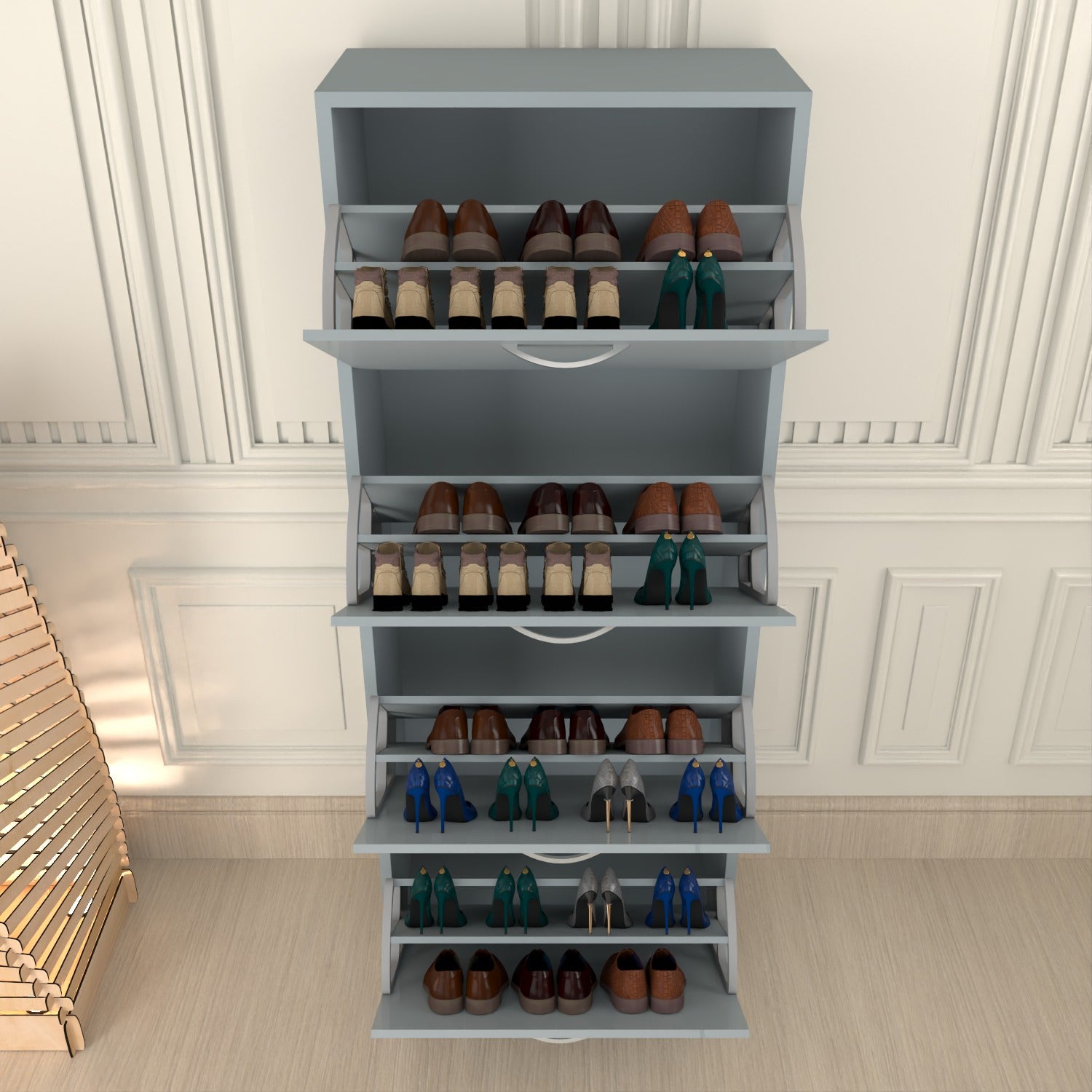 Modern 4 Tier White High Gloss Shoes Cabinet,Footwear Organizer