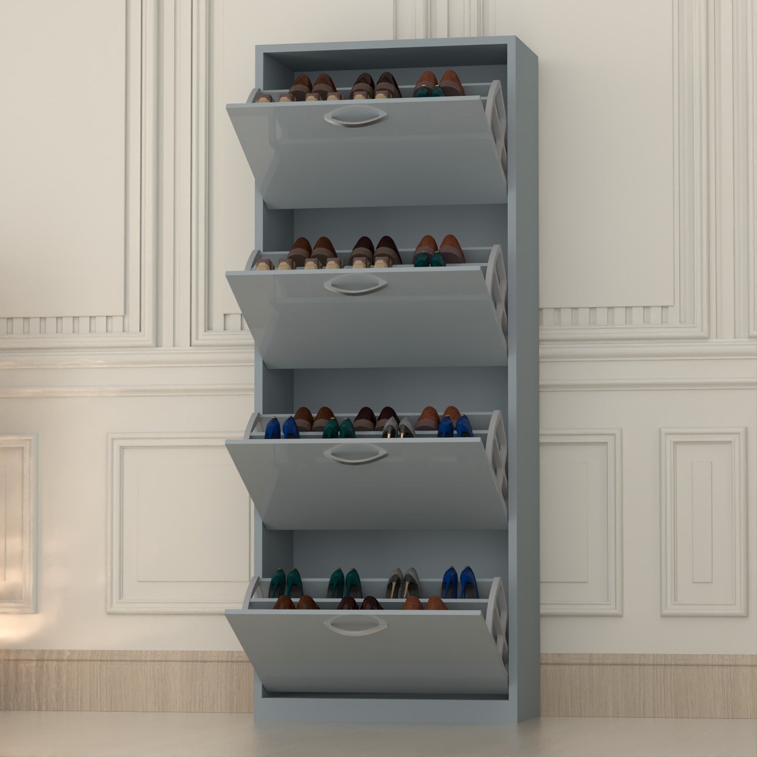 Modern 4 Tier White High Gloss Shoes Cabinet,Footwear Organizer