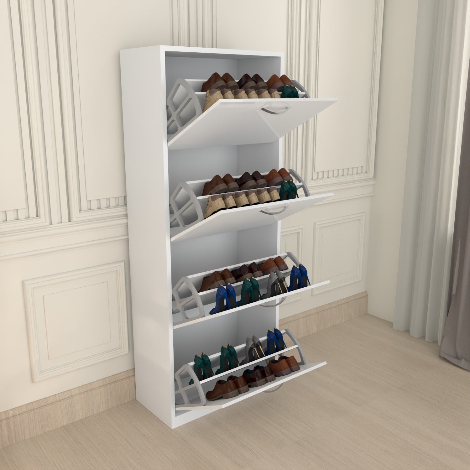 Modern 4 Tier White High Gloss Shoes Cabinet,Footwear Organizer