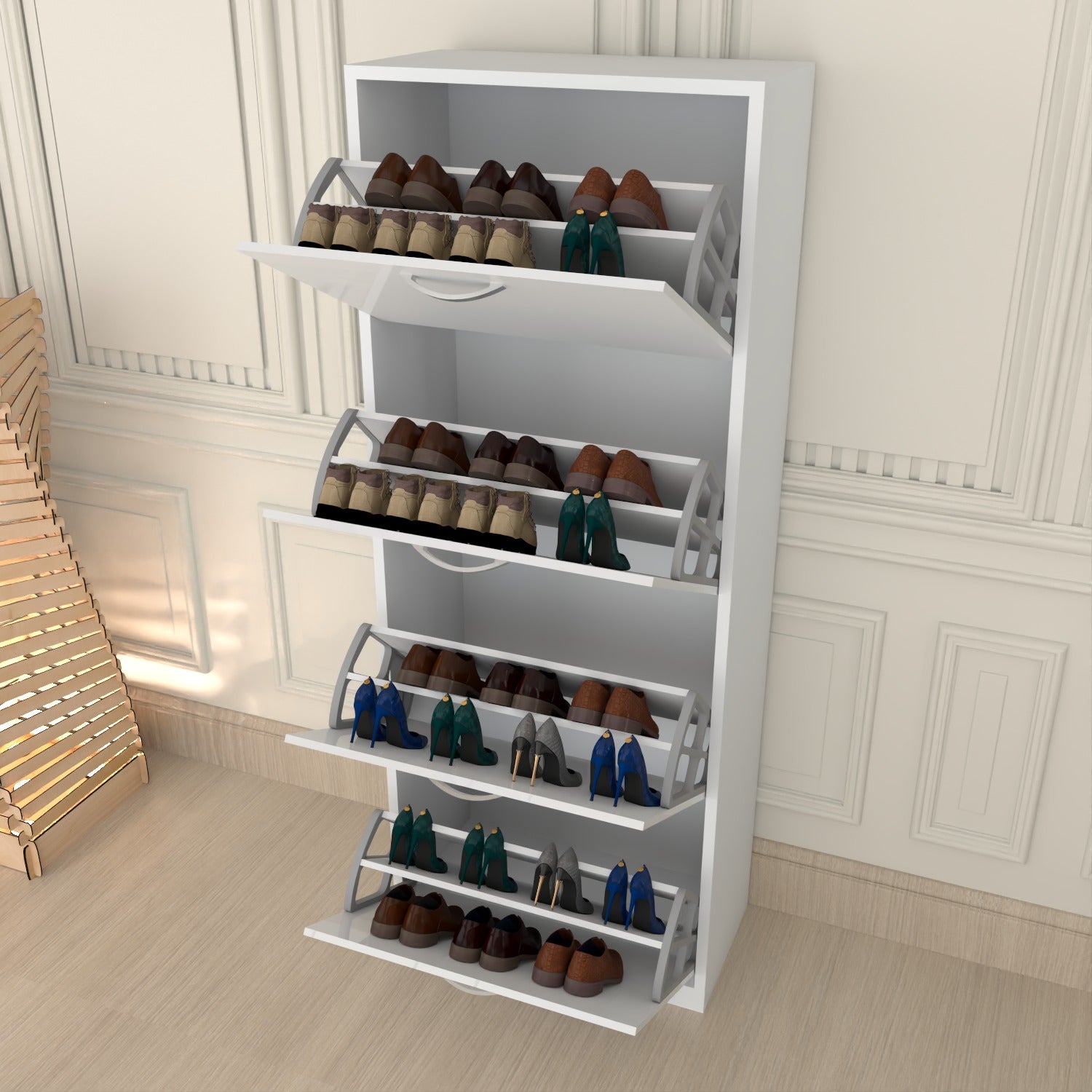 Modern 4 Tier White High Gloss Shoes Cabinet,Footwear Organizer