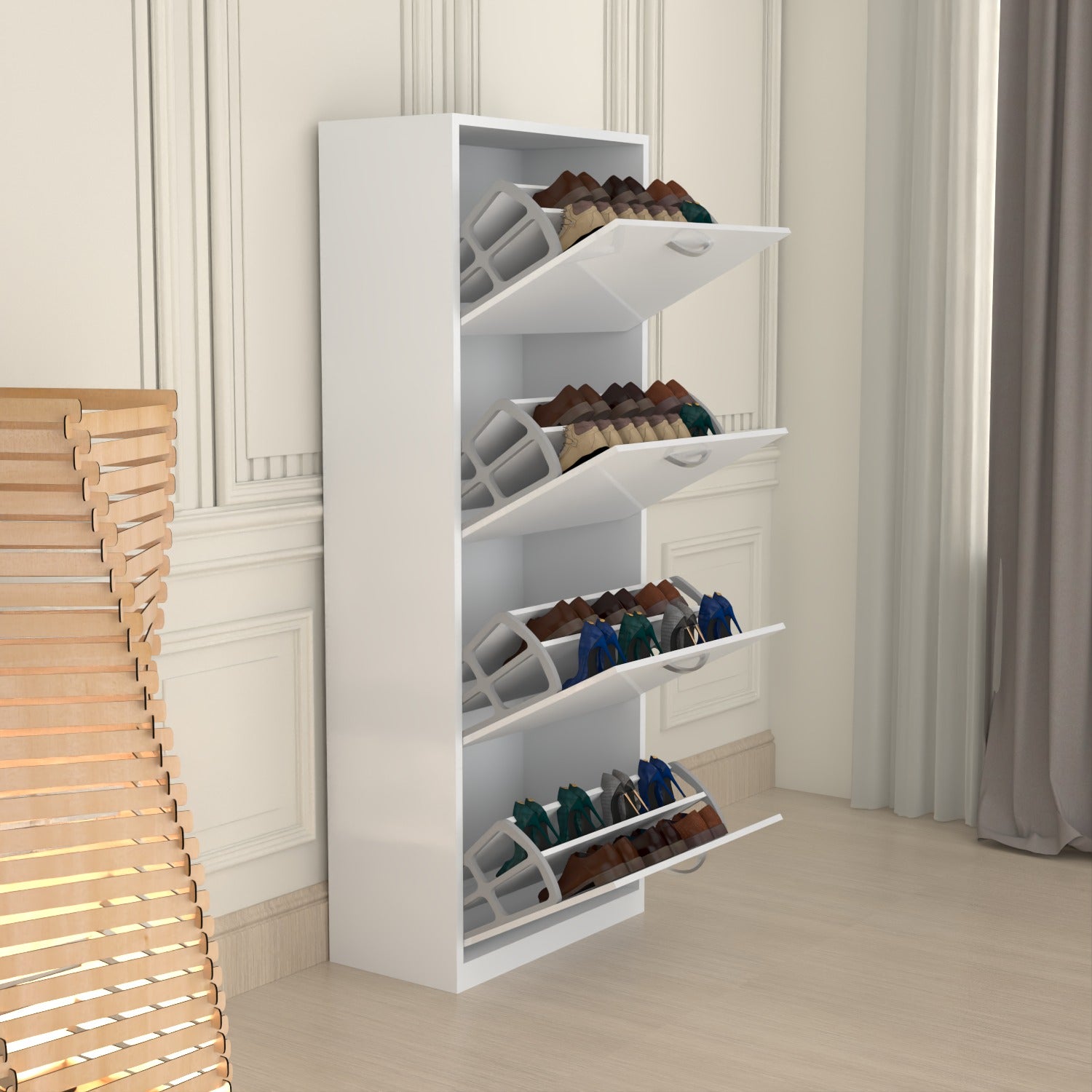 Modern 4 Tier White High Gloss Shoes Cabinet,Footwear Organizer