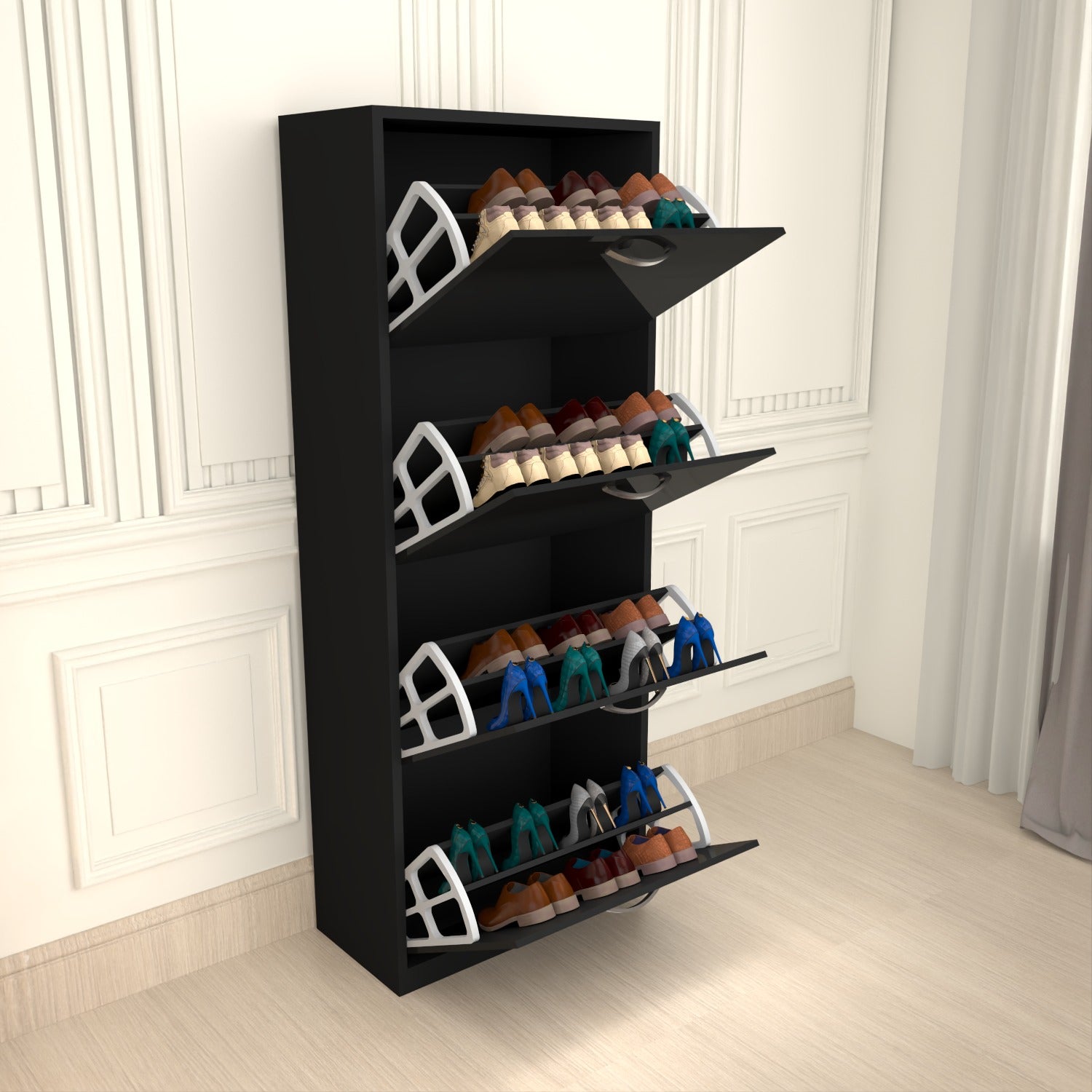 Modern 4 Tier White High Gloss Shoes Cabinet,Footwear Organizer