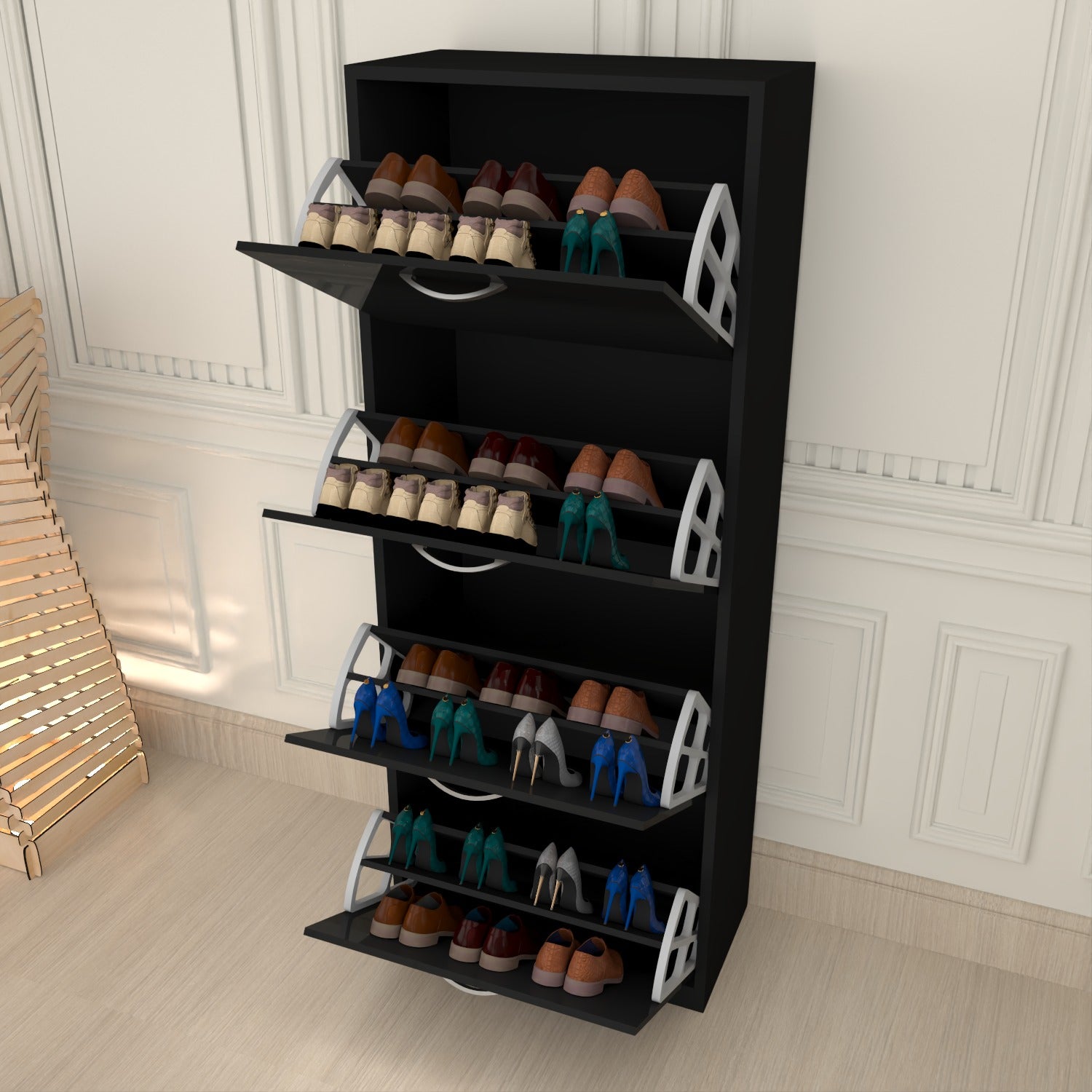 Modern 4 Tier White High Gloss Shoes Cabinet,Footwear Organizer