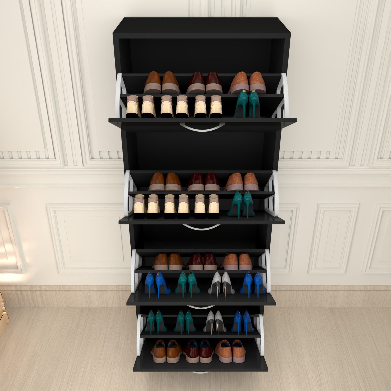 Modern 4 Tier White High Gloss Shoes Cabinet,Footwear Organizer