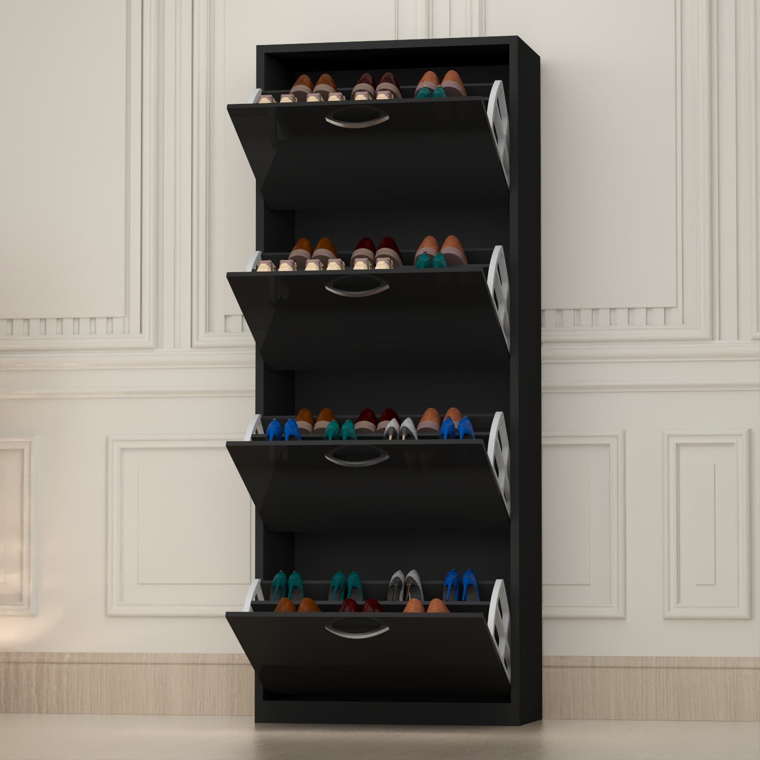 Modern 4 Tier White High Gloss Shoes Cabinet,Footwear Organizer