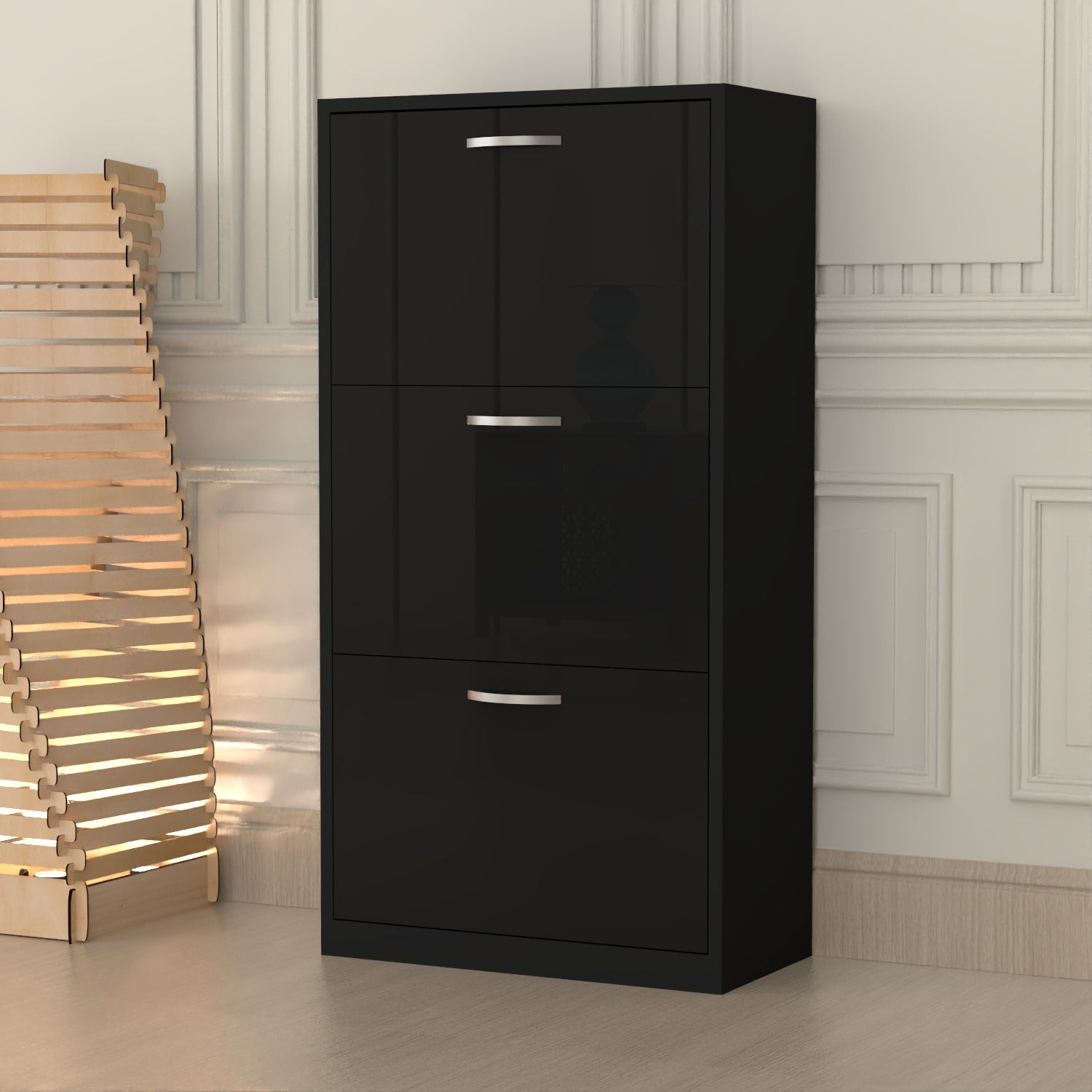 Modern 3 Tier White High Gloss Shoes Cabinet,Footwear Organizer