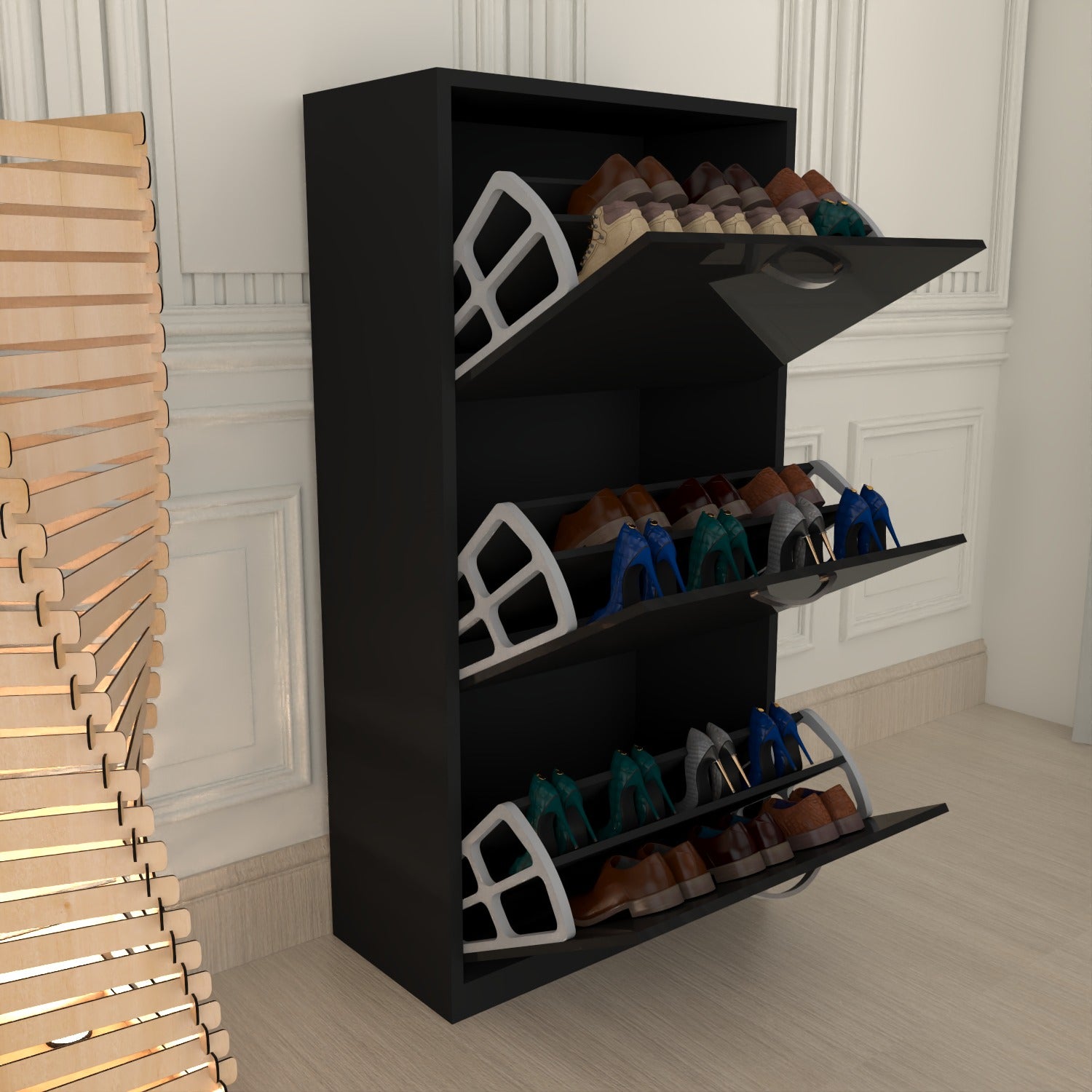Modern 3 Tier White High Gloss Shoes Cabinet,Footwear Organizer