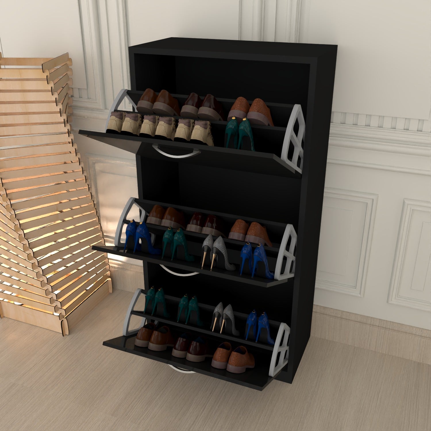 Modern 3 Tier White High Gloss Shoes Cabinet,Footwear Organizer