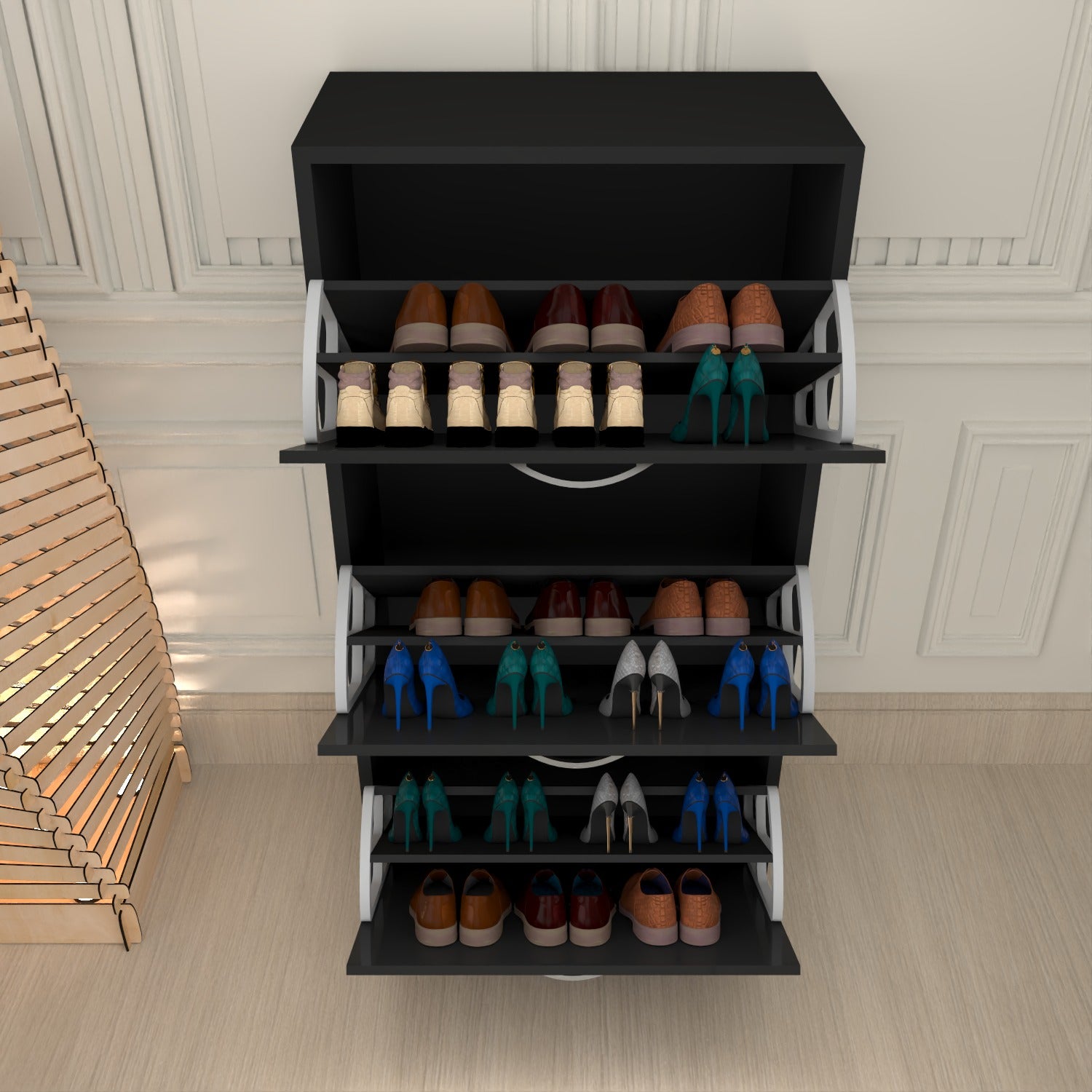 Modern 3 Tier White High Gloss Shoes Cabinet,Footwear Organizer
