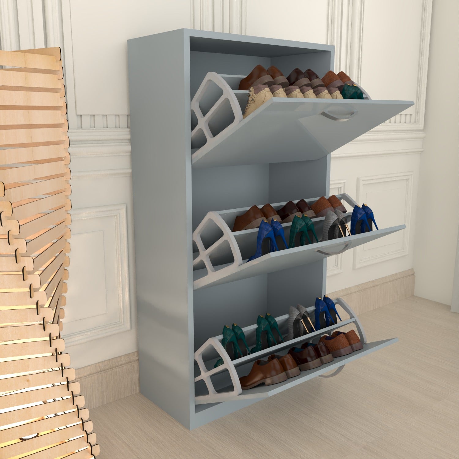 Modern 3 Tier White High Gloss Shoes Cabinet,Footwear Organizer