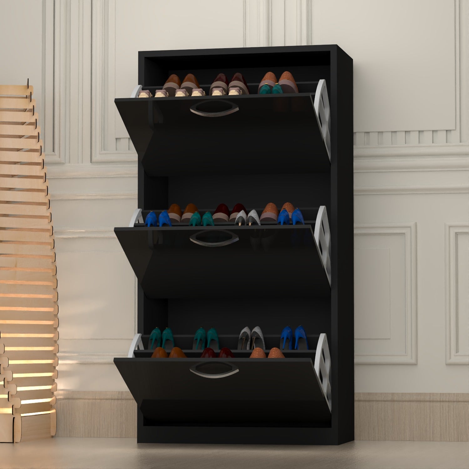 Modern 3 Tier White High Gloss Shoes Cabinet,Footwear Organizer