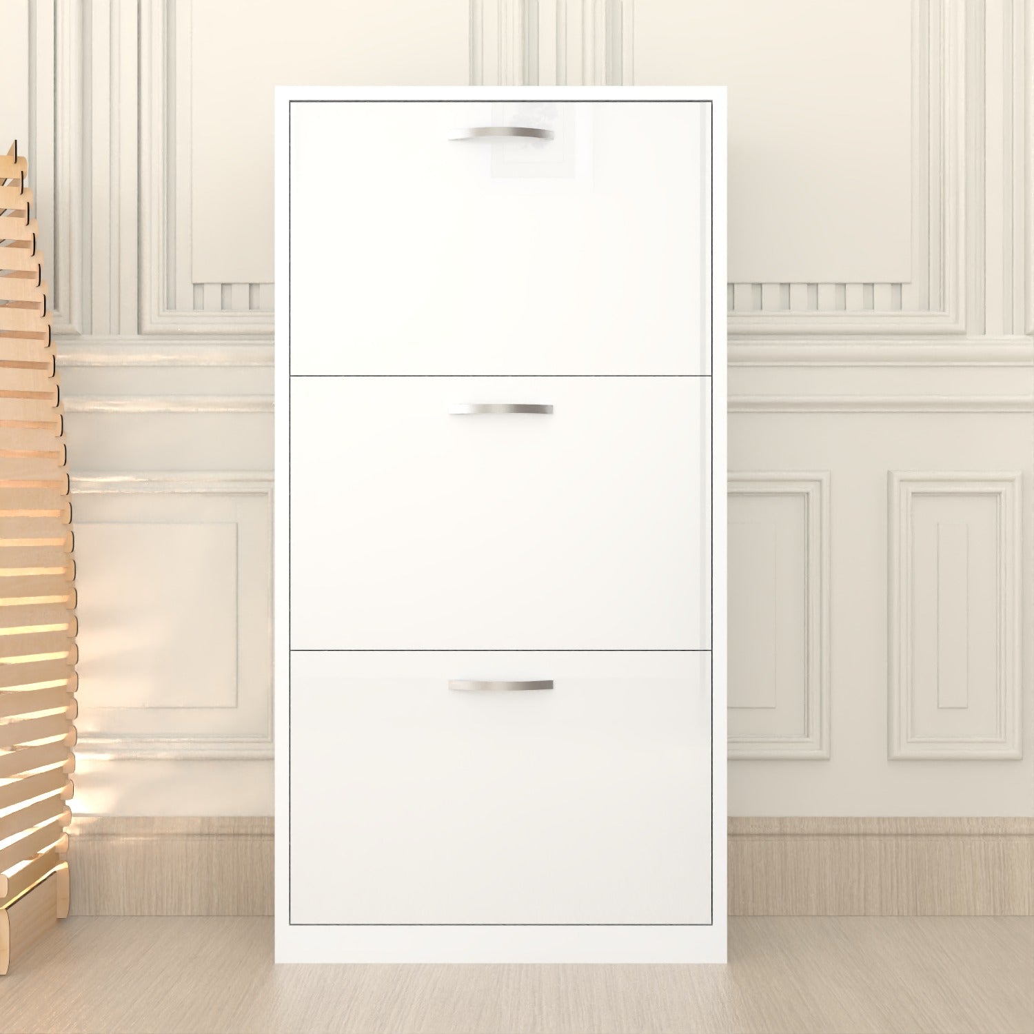Modern 3 Tier White High Gloss Shoes Cabinet,Footwear Organizer
