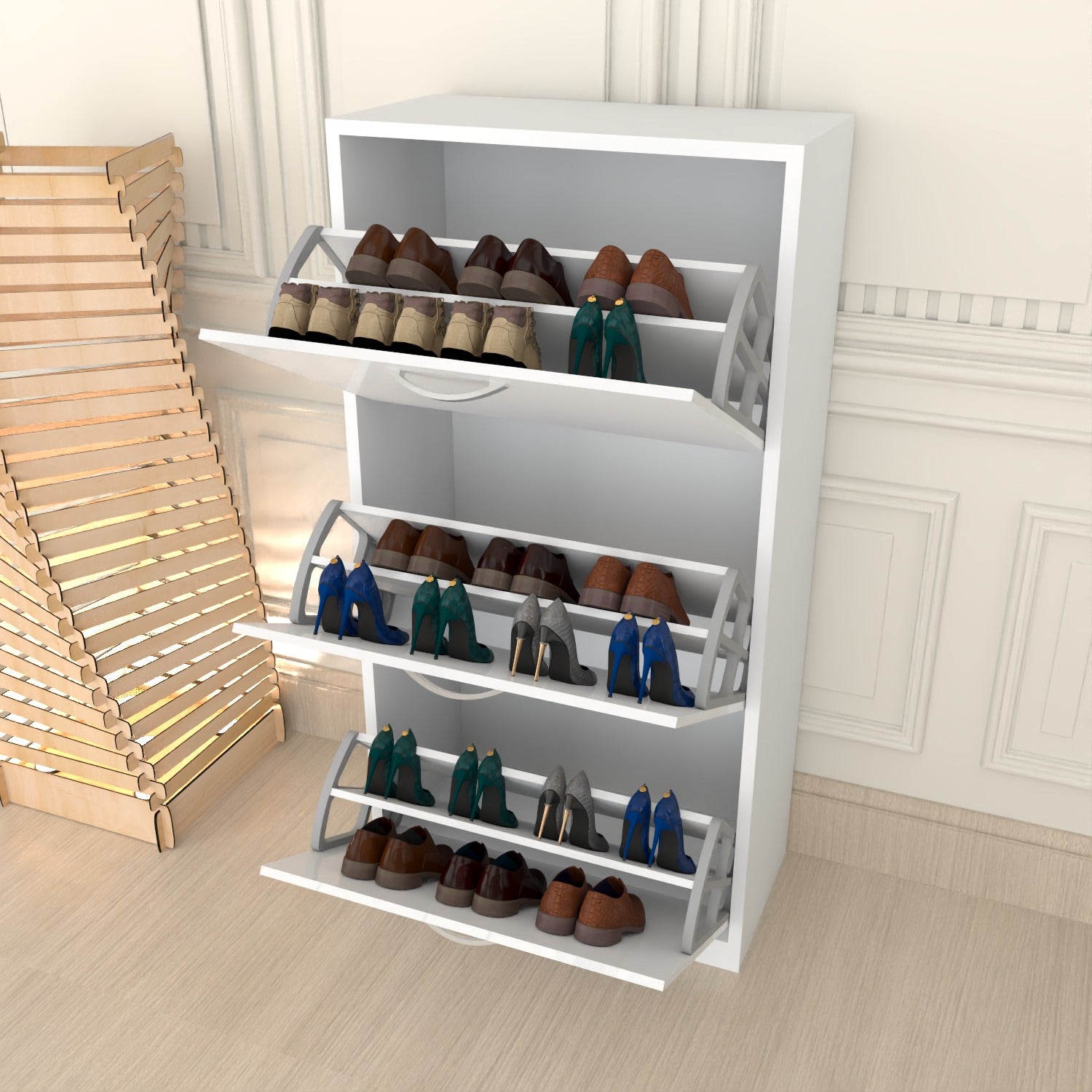 Modern 3 Tier White High Gloss Shoes Cabinet,Footwear Organizer