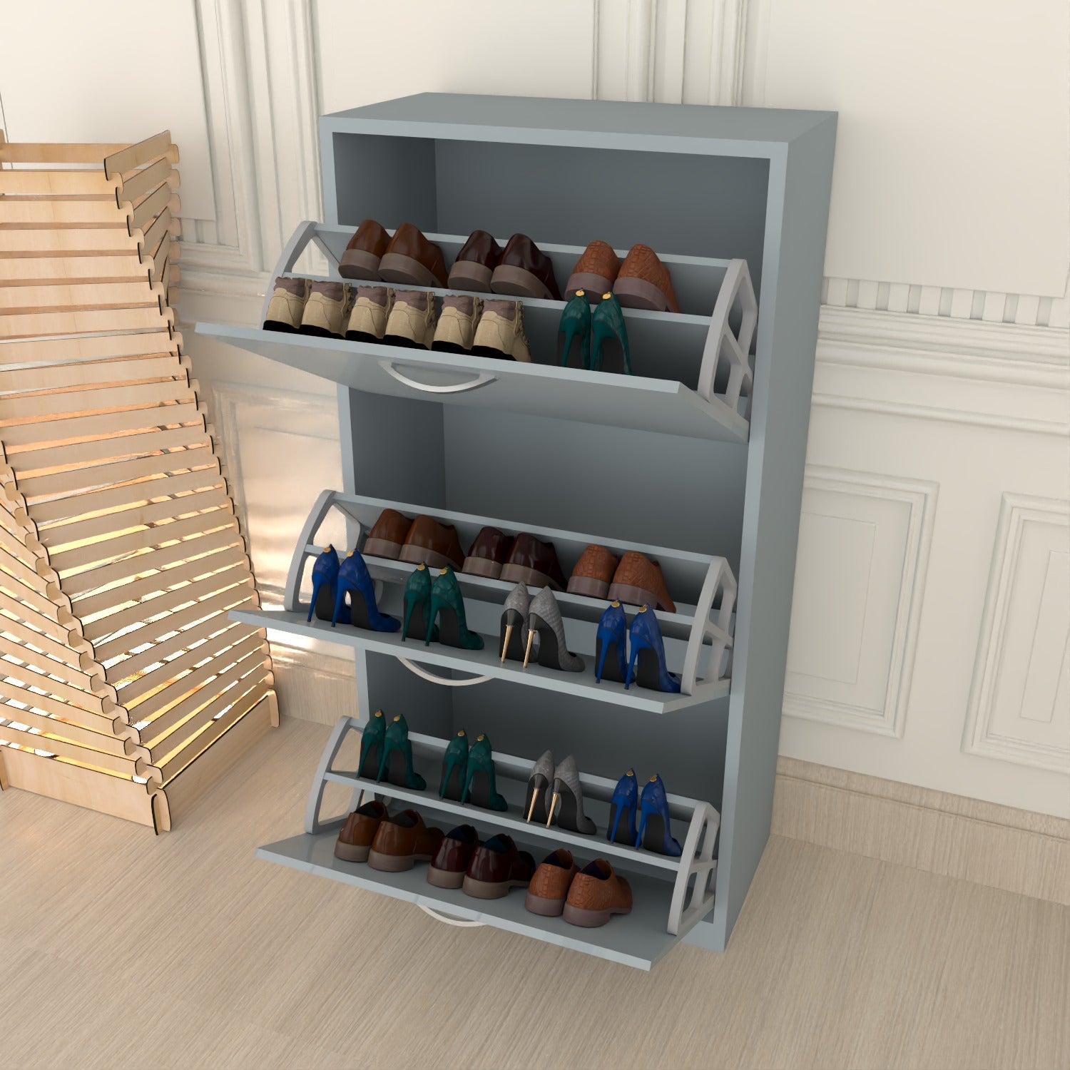 Modern 3 Tier White High Gloss Shoes Cabinet,Footwear Organizer