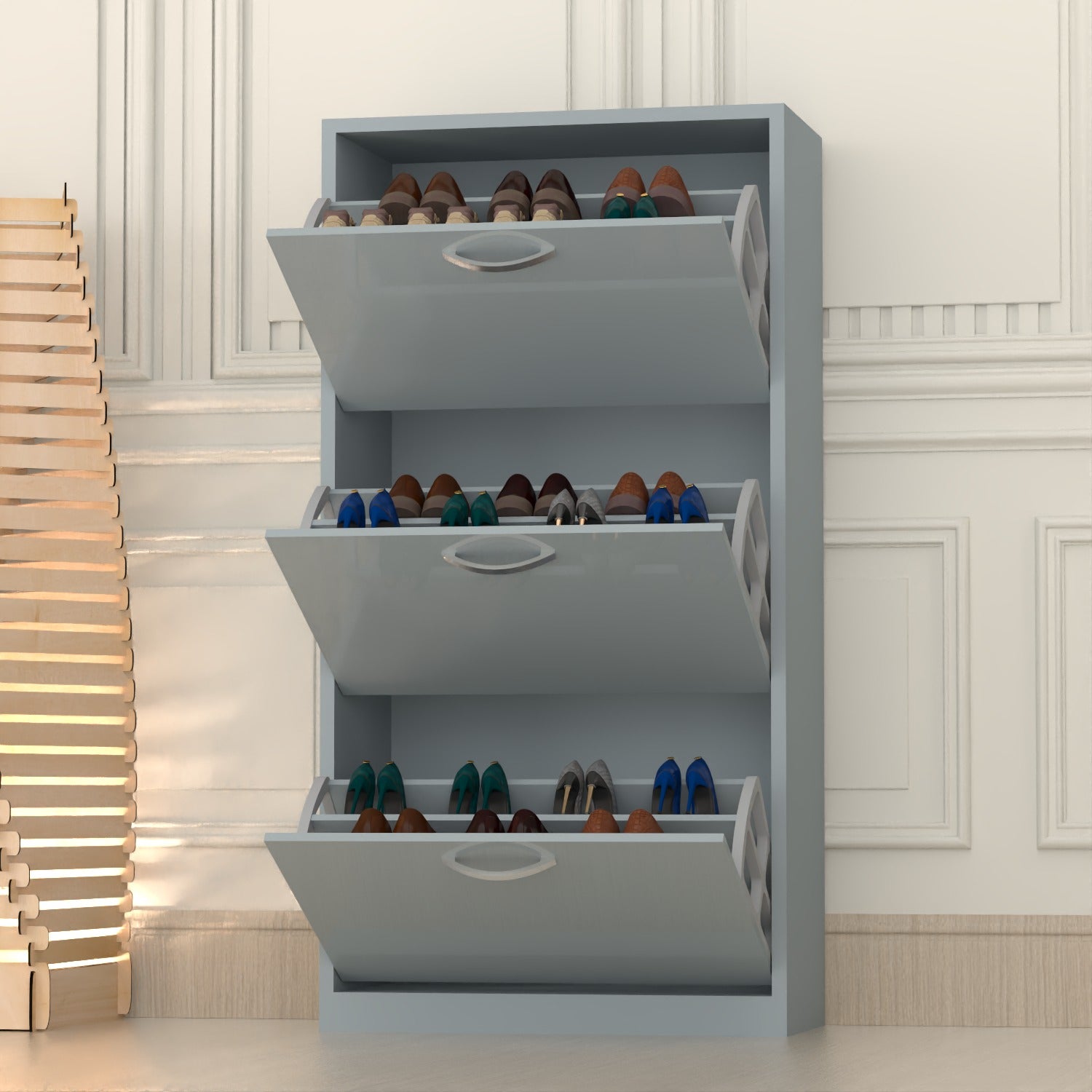 Modern 3 Tier White High Gloss Shoes Cabinet,Footwear Organizer