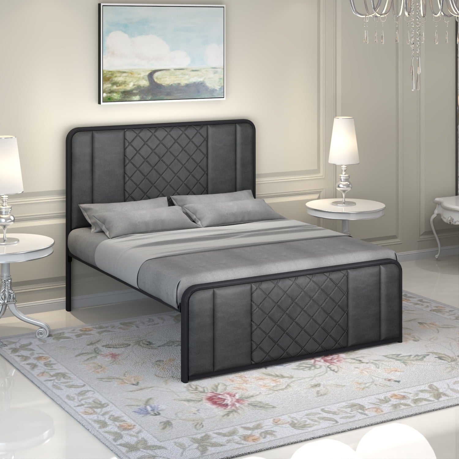 URBAN FURNISHING Modern Metal Bed Frame with Upholstered Headboard & Footboard – with Diamond Stitchin & Welded Base